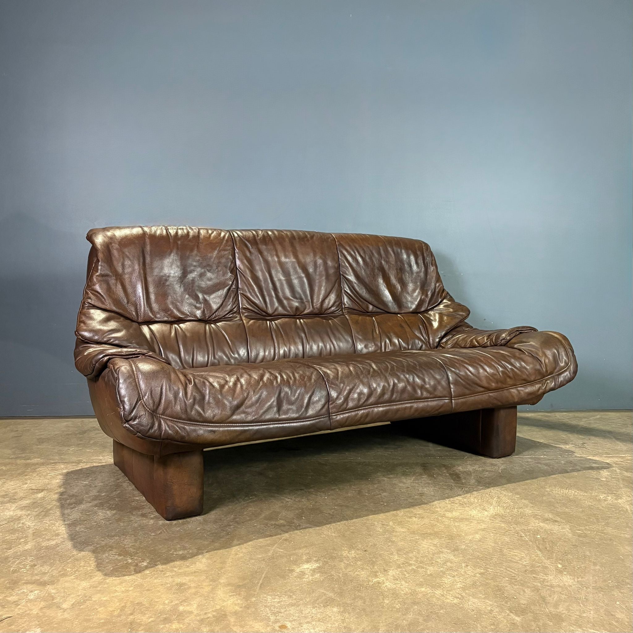 Brown Leather Brutalist Three Seater Sofa Percival Lafer Style Mid Century Vintage Retro MCM