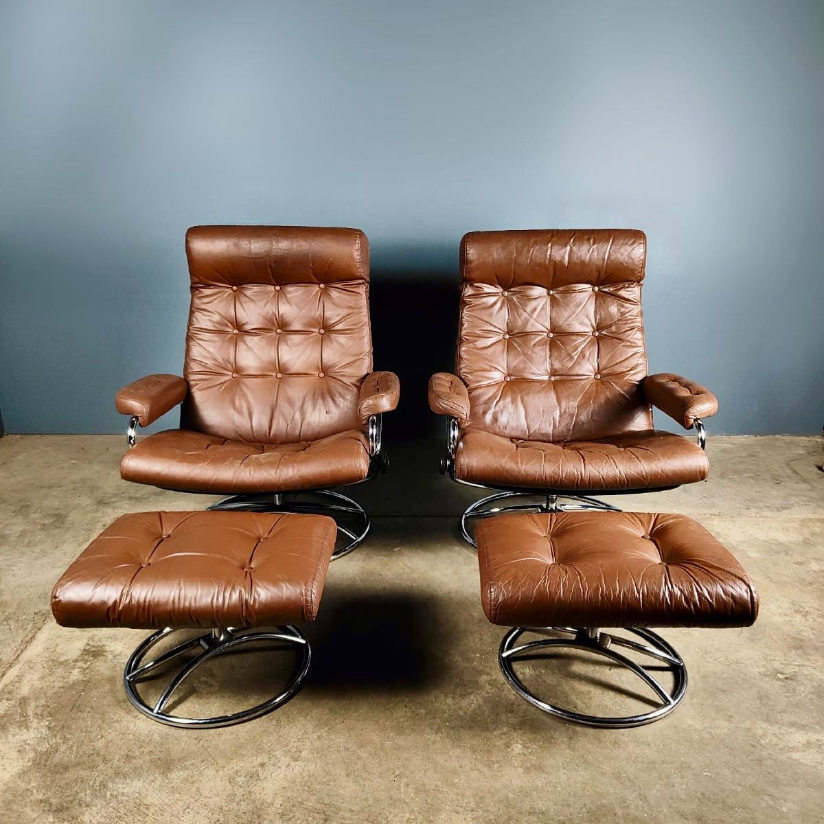 SOLD Pair Of Mid Century Brown Leather Chrome Ekornes Stressless Armchairs Footstools Vintage Retro