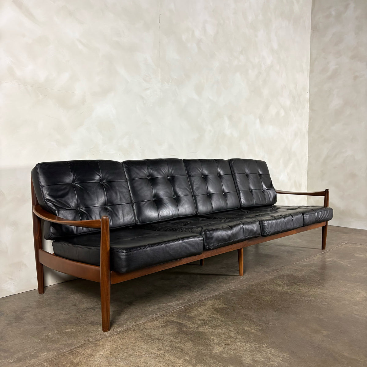 Four Seater Black Leather Teak Sofa Danish Scandinavian Mid Century Vintage Retro MCM