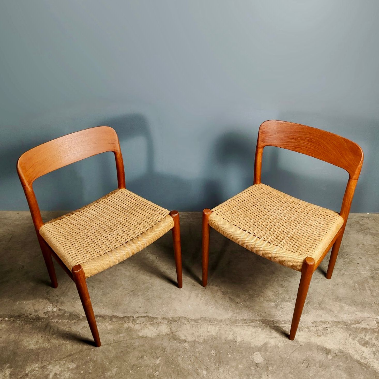 SOLD Pair Of Danish Model 75 Paper Cord Dining Chairs Niels Otto Møller JL Møllers Møbelfabrik Mid Century Vintage Retro MCM