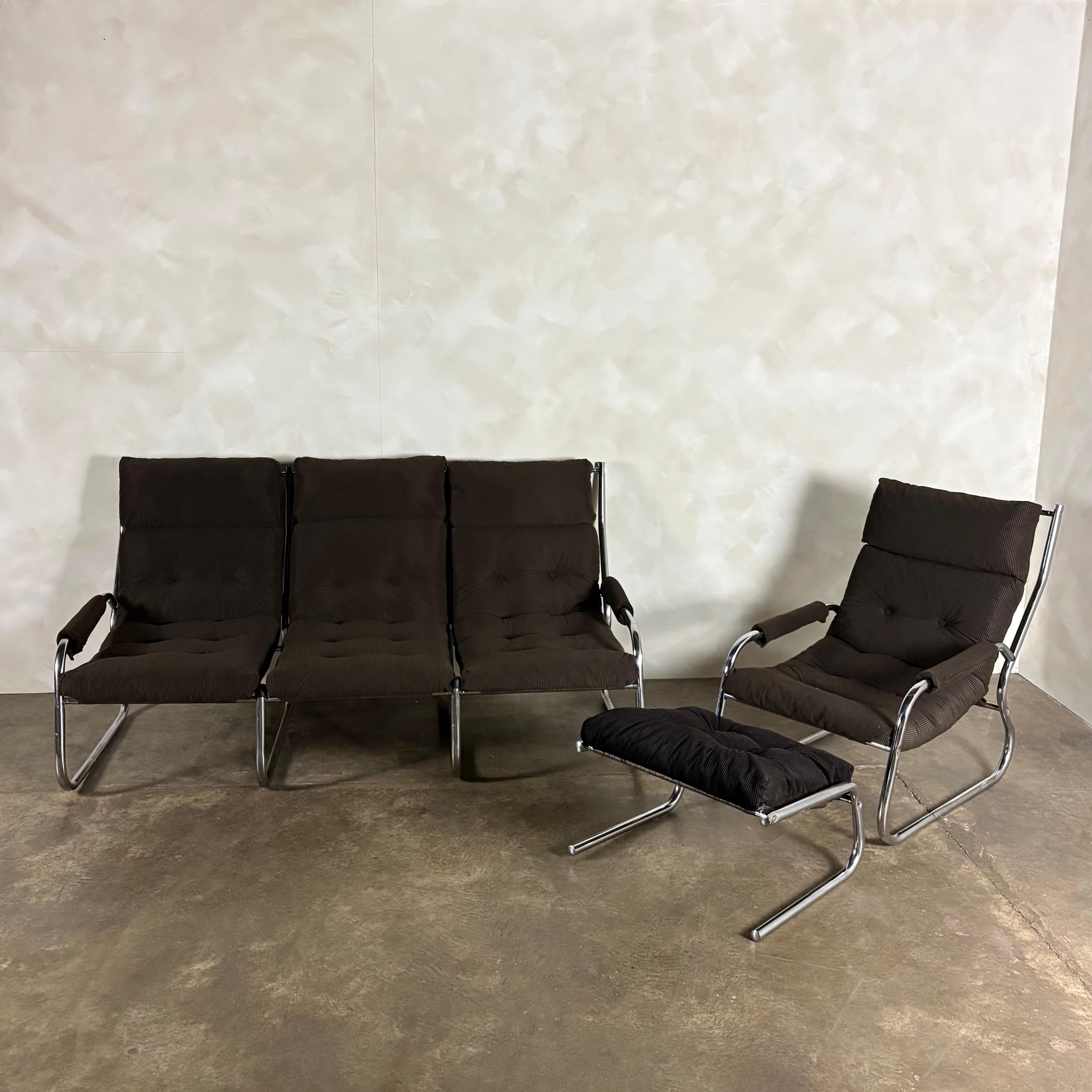 Mid Century Three Seater Sofa, Armchair & Footstool Brown Corduroy Sling By Gillis Lundgren For Ikea Vintage Retro MCM