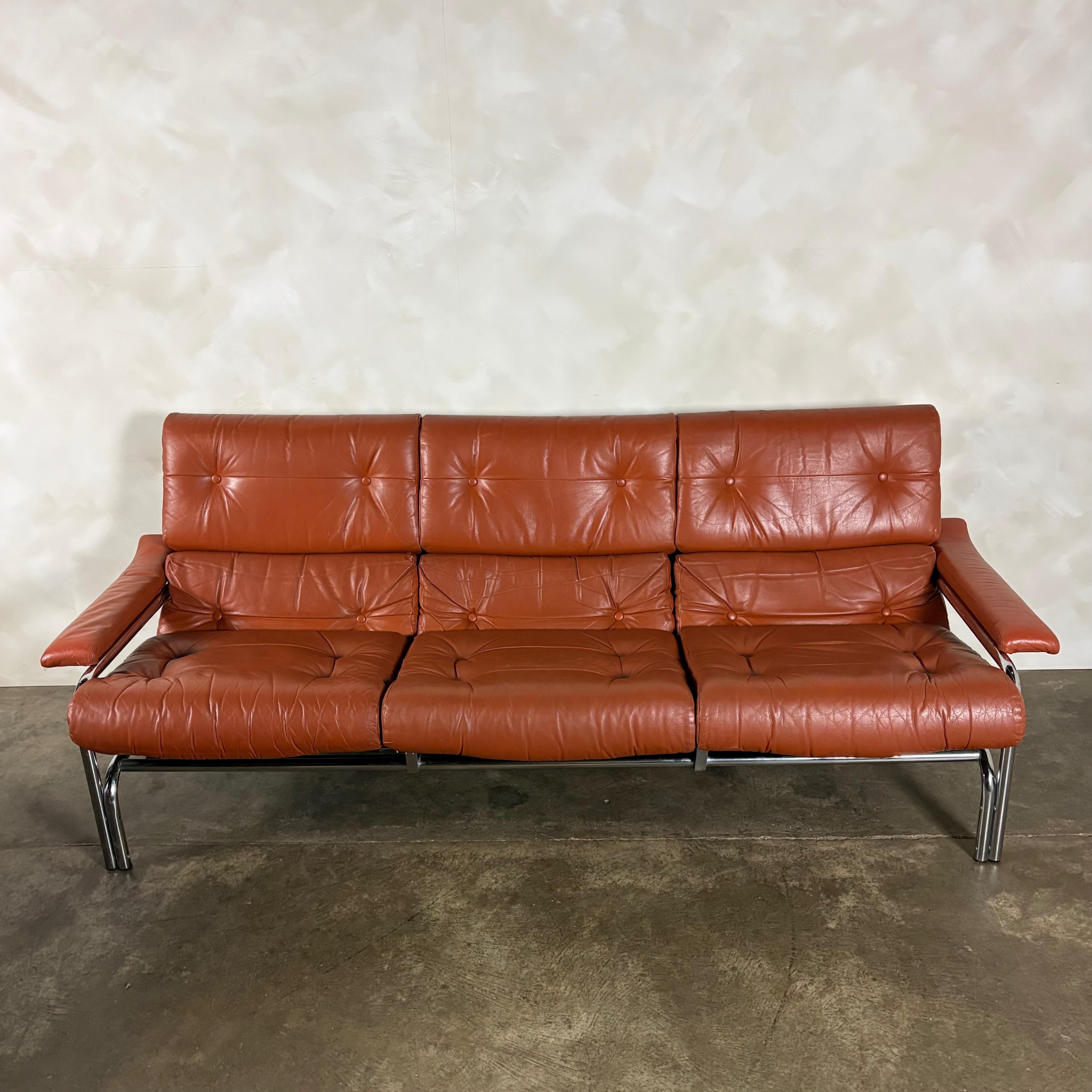 Mid Century Pieff Alpha Tan Brown Leather Three Seater Sofa & Two Swivel Lounge Chairs With Footstool Vintage Retro MCM