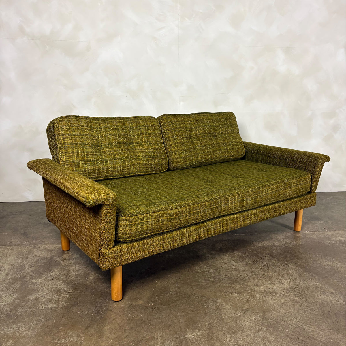 Mid Century Scandinavian Sofa Bed In Olive Green Wool Vintage Retro MCM