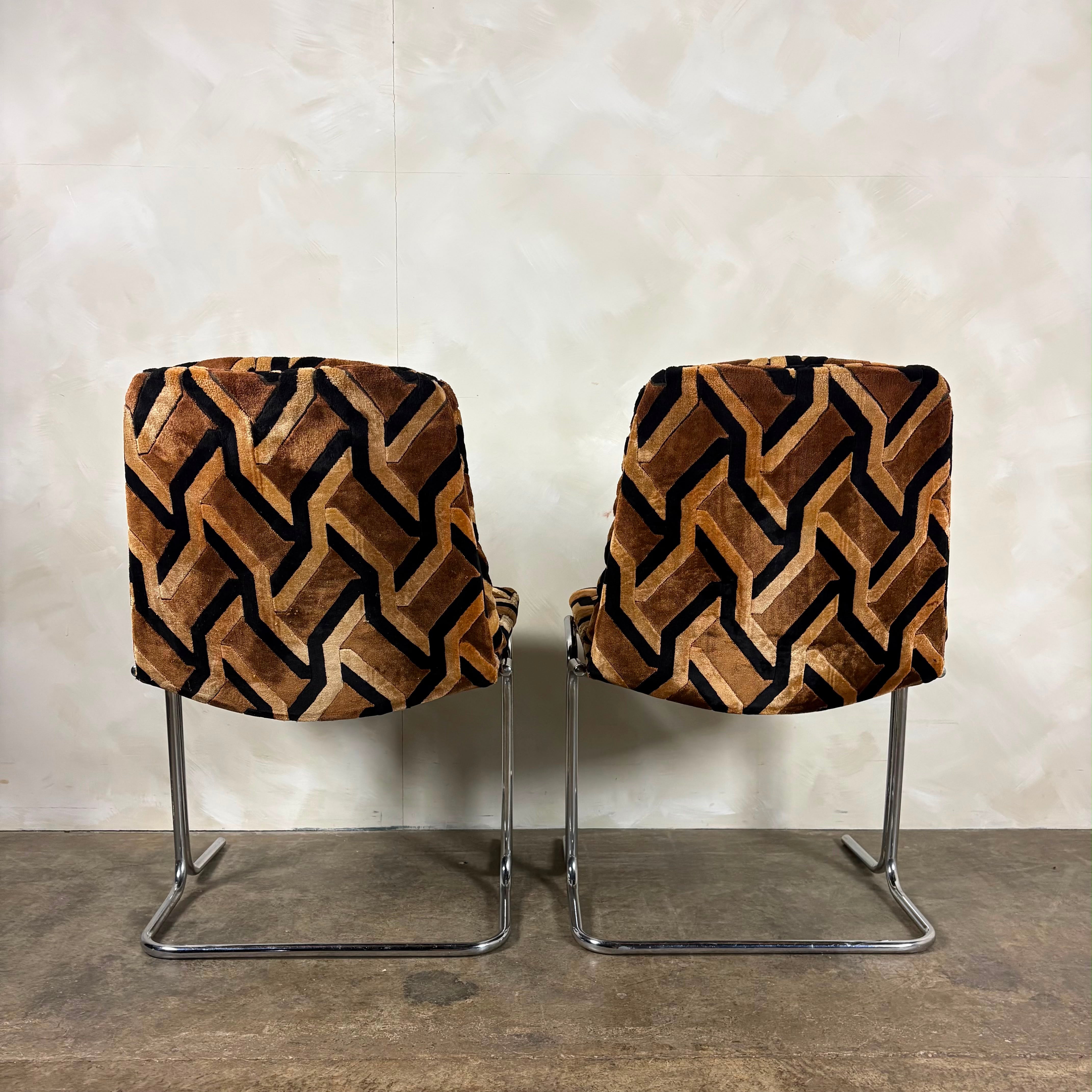 Pair Of Mid Century Pieff Eleganza Chrome Geometric Dining Chairs Vintage Retro MCM