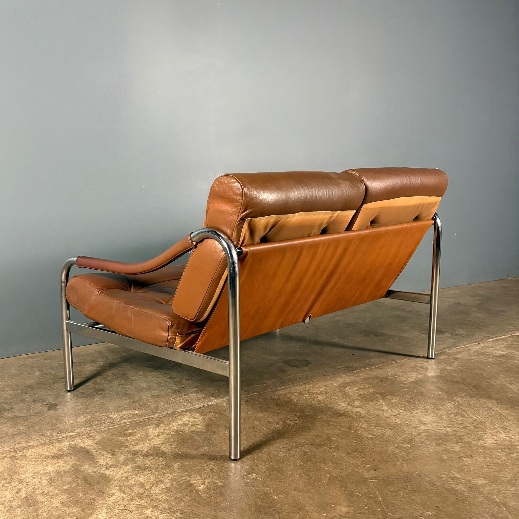 Mid Century Pieff Beta Two Seater Sofa Tan Brown Leather Vintage Retro MCM