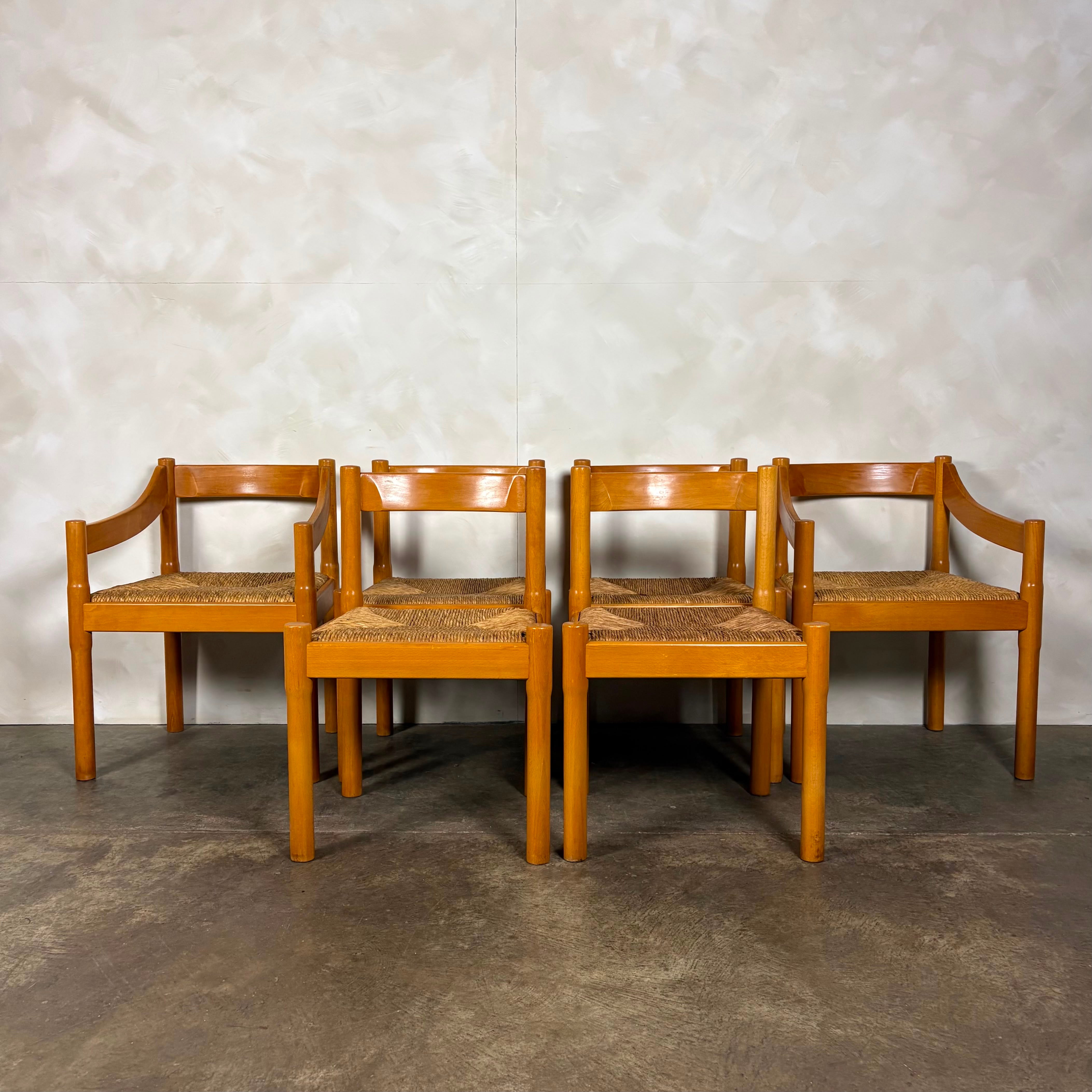 Set Of Six Carimate Rush & Beech Dining Chairs  Vico Magistretti Cassina Habitat Mid Century Vintage Retro MCM