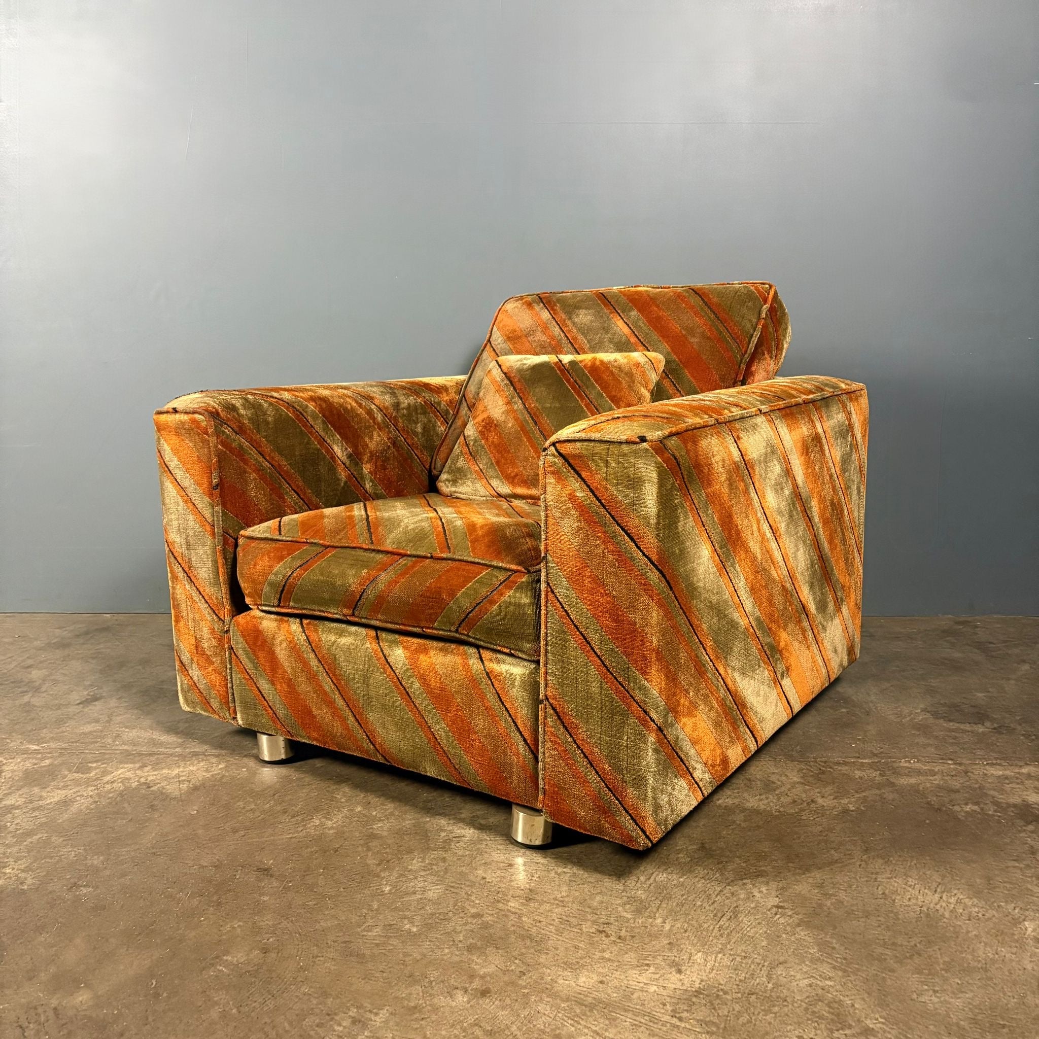 Mid Century Everest Orange Striped Geometric Lounge Suite - Three Seater Sofa, Armchairs & Coffee Tables Vintage Retro MCM