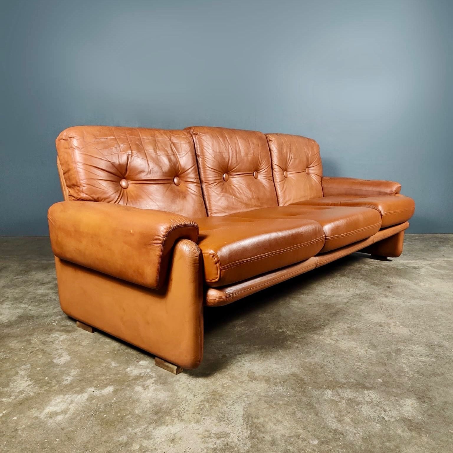 SOLD Mid Century Coronado Three Seater Sofa By Tobia & Afra Scarpa For B&B Italia In Brown Tan Leather Vintage Retro MCM