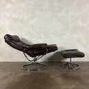 Mid Century Leather Norwegian Ekornes Brown Stressless Swivel Armchair & Footstool Vintage Retro MCM
