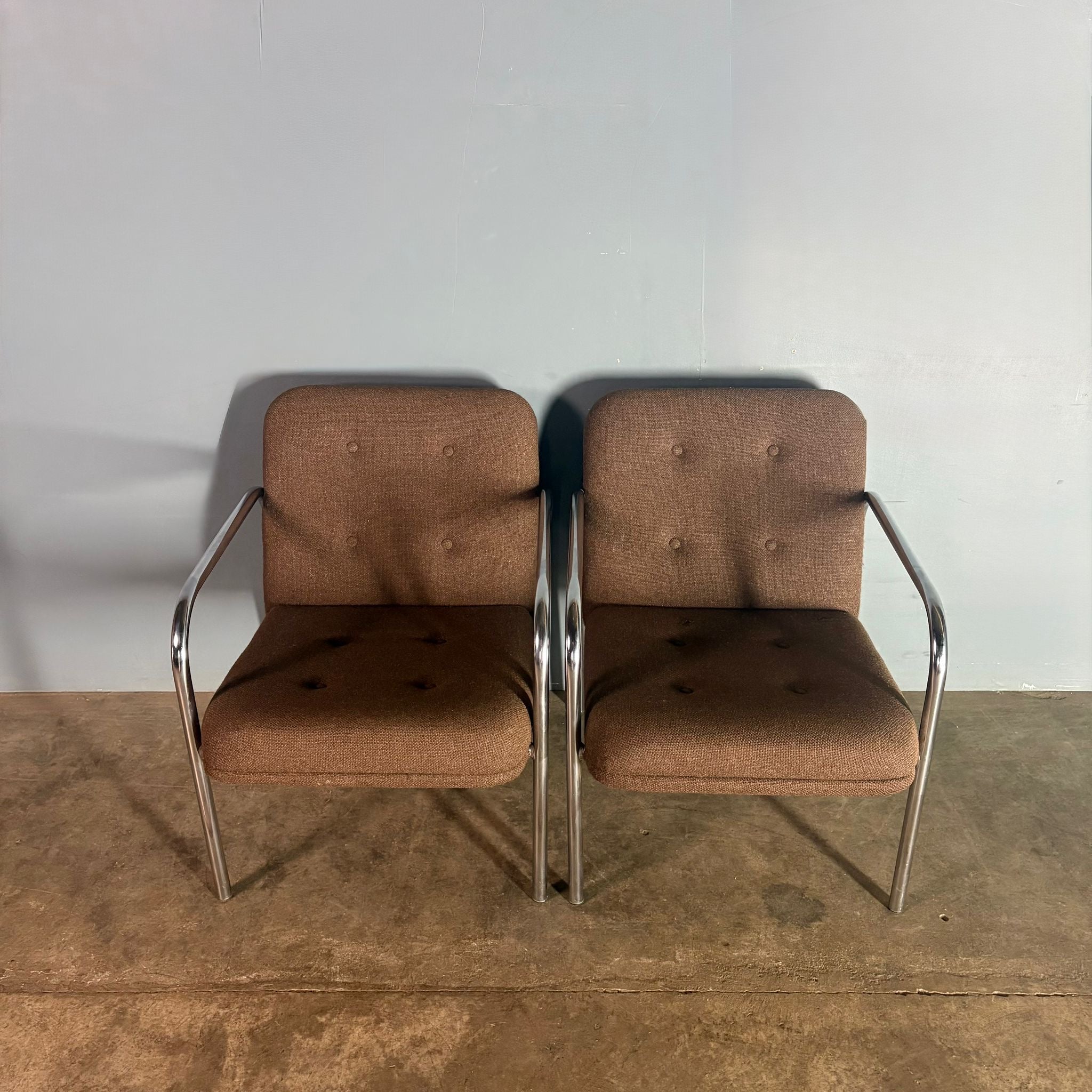 SOLD Pair Of Brown Wool Chrome Lounge Chairs Mid Century Vintage Retro MCM