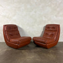 SOLD Pair Of Jean Prévost French 1970s Brown Tan Leather Lounge Chairs Mid Century Vintage Retro MCM