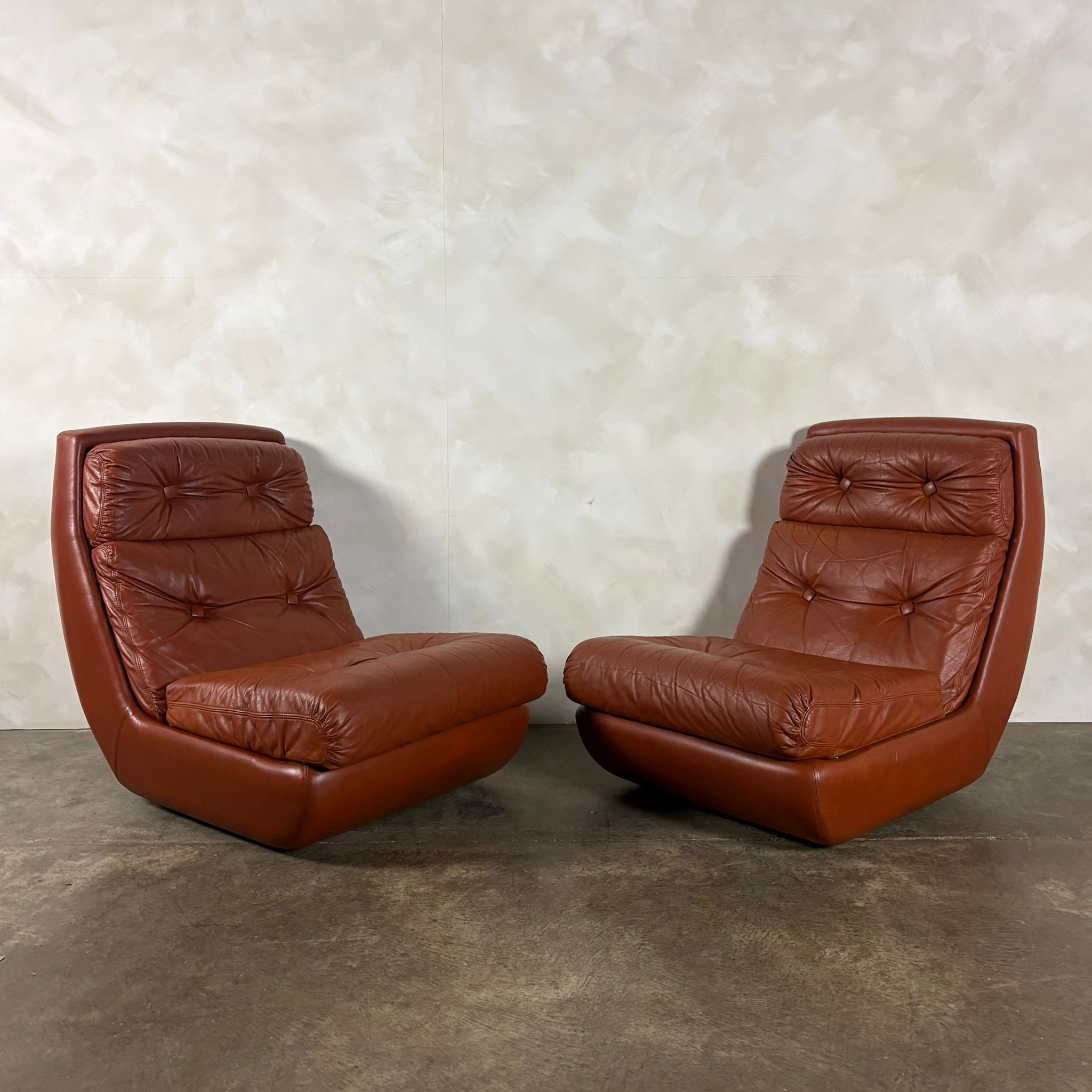 SOLD Pair Of Jean Prévost French 1970s Brown Tan Leather Lounge Chairs Mid Century Vintage Retro MCM