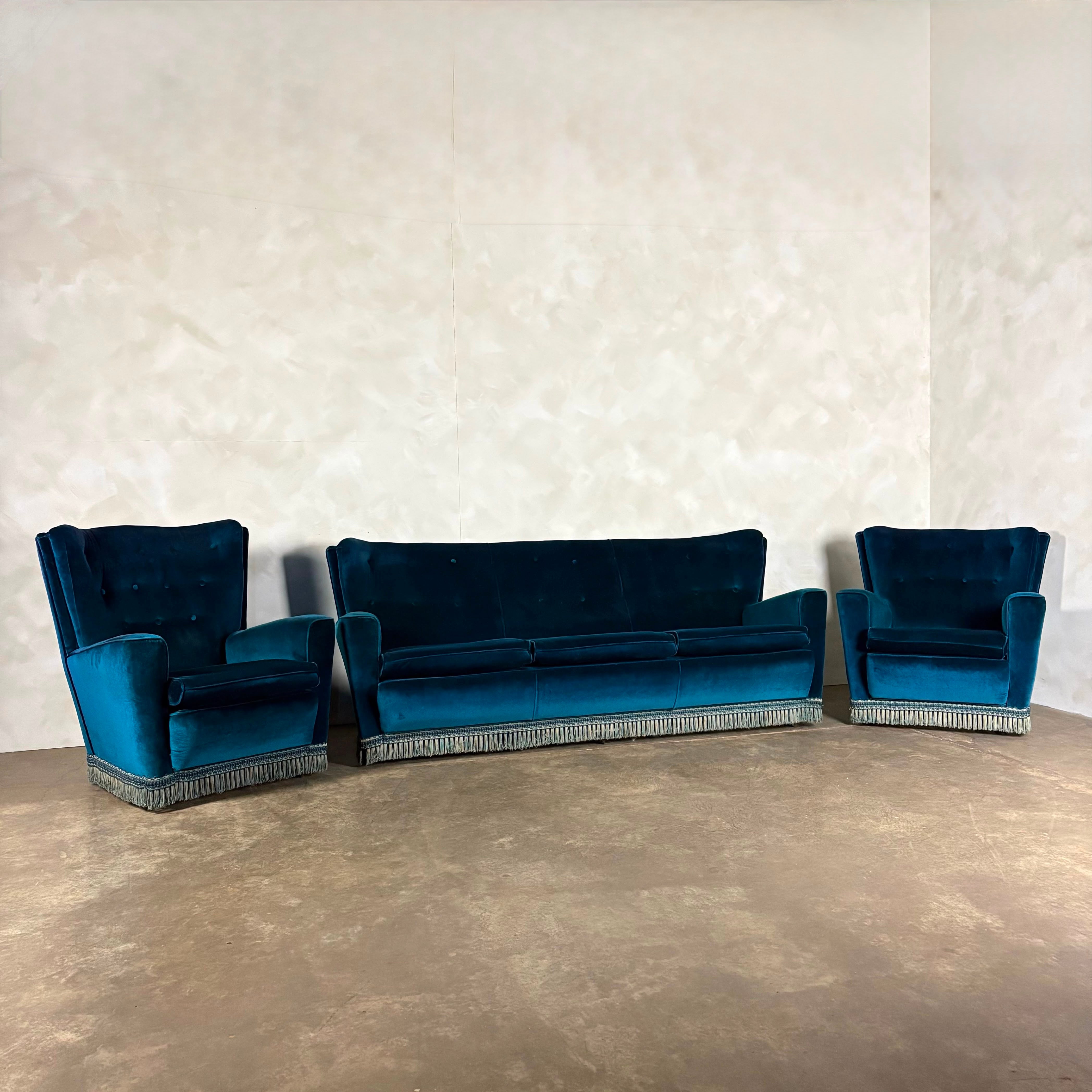Mid Century Blue Three Seater Sofa Vintage Retro MCM