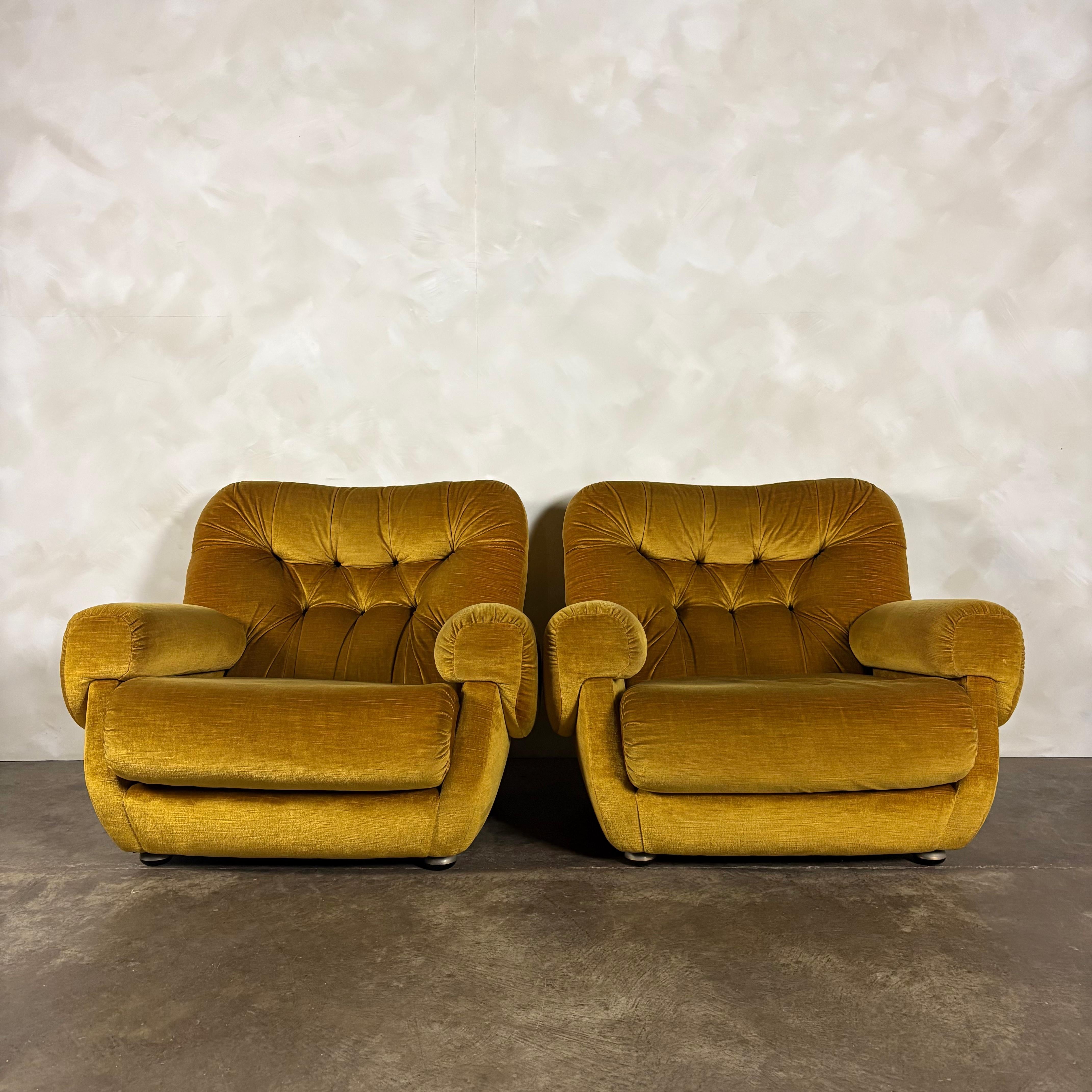 SOLD Mid Century G Plan Georgina Yellow Three Seater Sofa & Matching Pair Of Armchairs Yellow Velvet Vintage Retro MCM