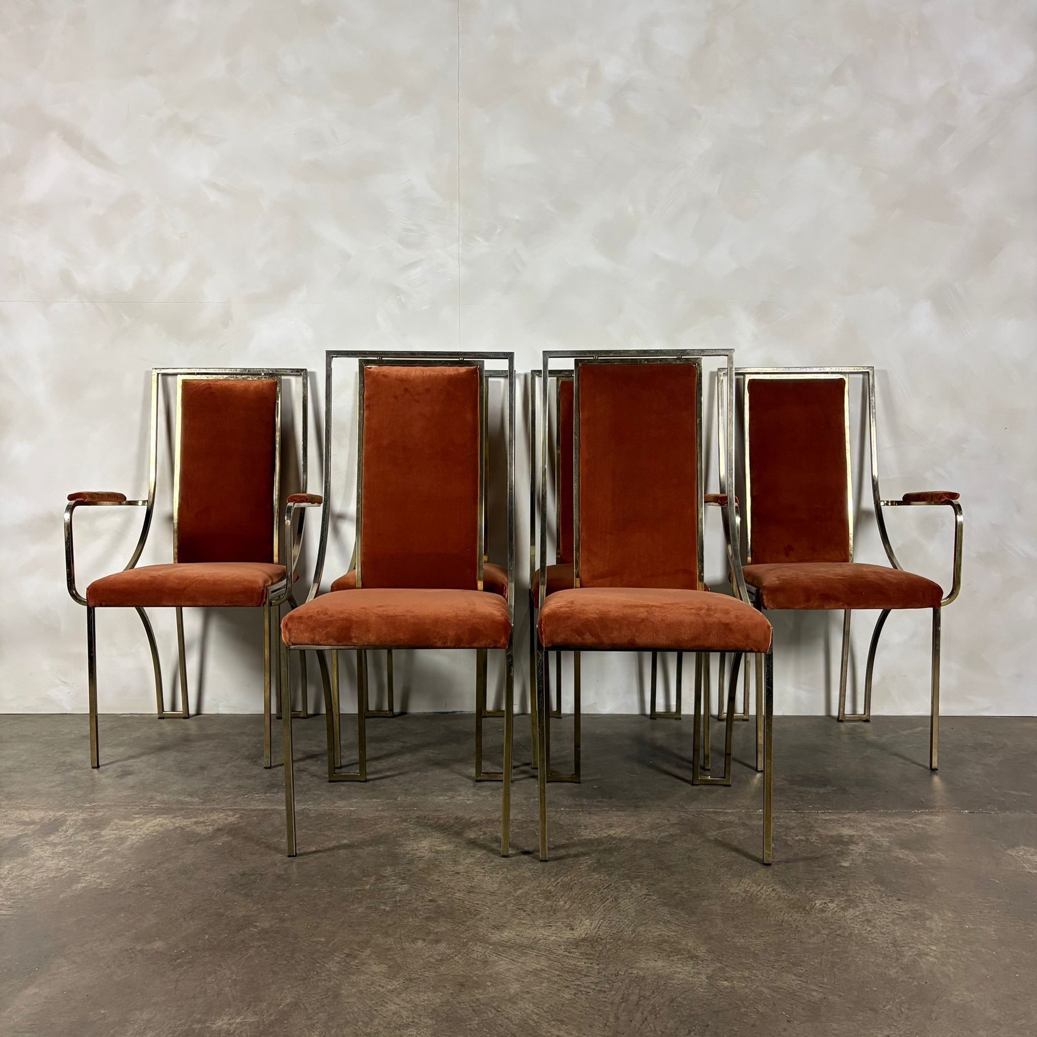 Six Italian Renato Zevi Orange Brass Dining Chairs 1970s Mid Century Vintage Retro MCM