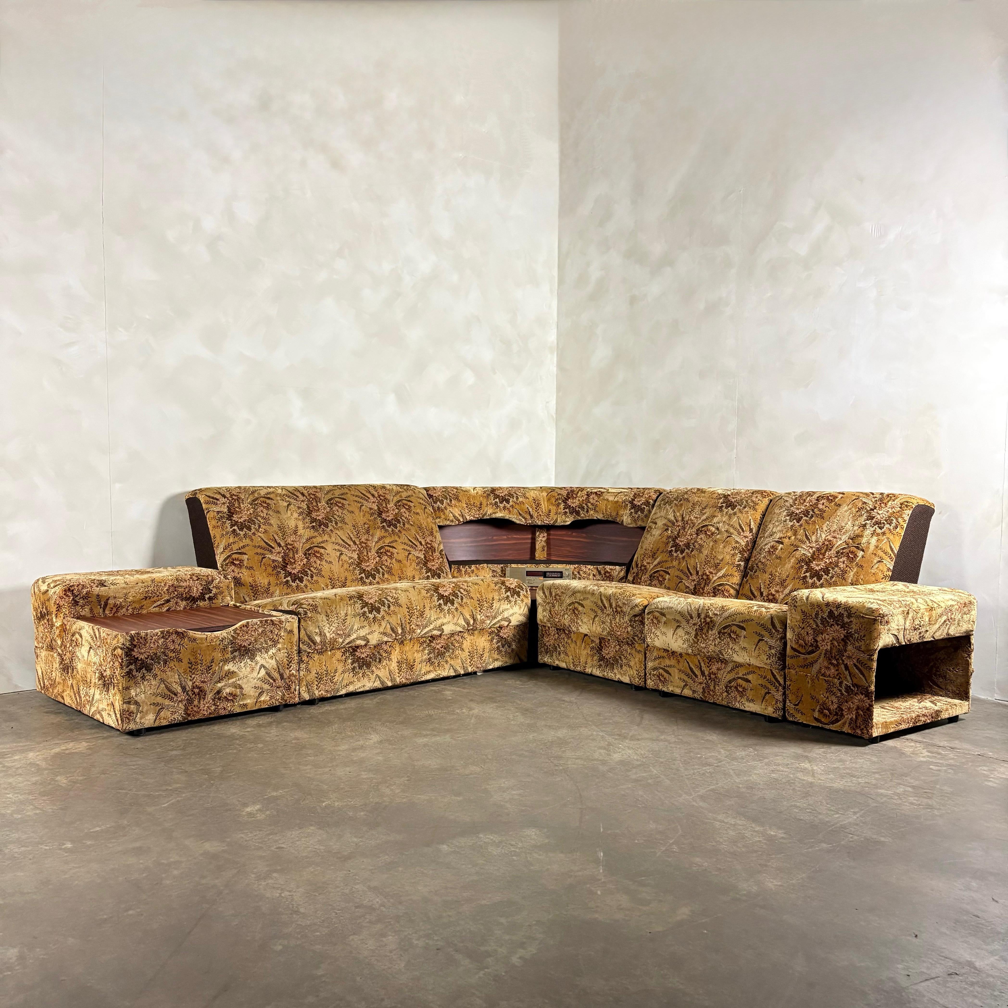SOLD Mid Century Modular Brown Four Seater Floral Corner Sofa Vintage Retro MCM
