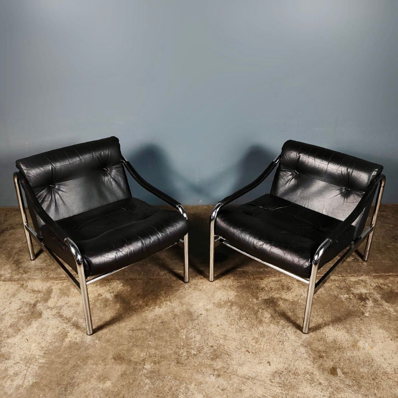 SOLD Pair Of Pieff Beta Lounge Chairs Black Leather Mid Century Vintage Retro MCM