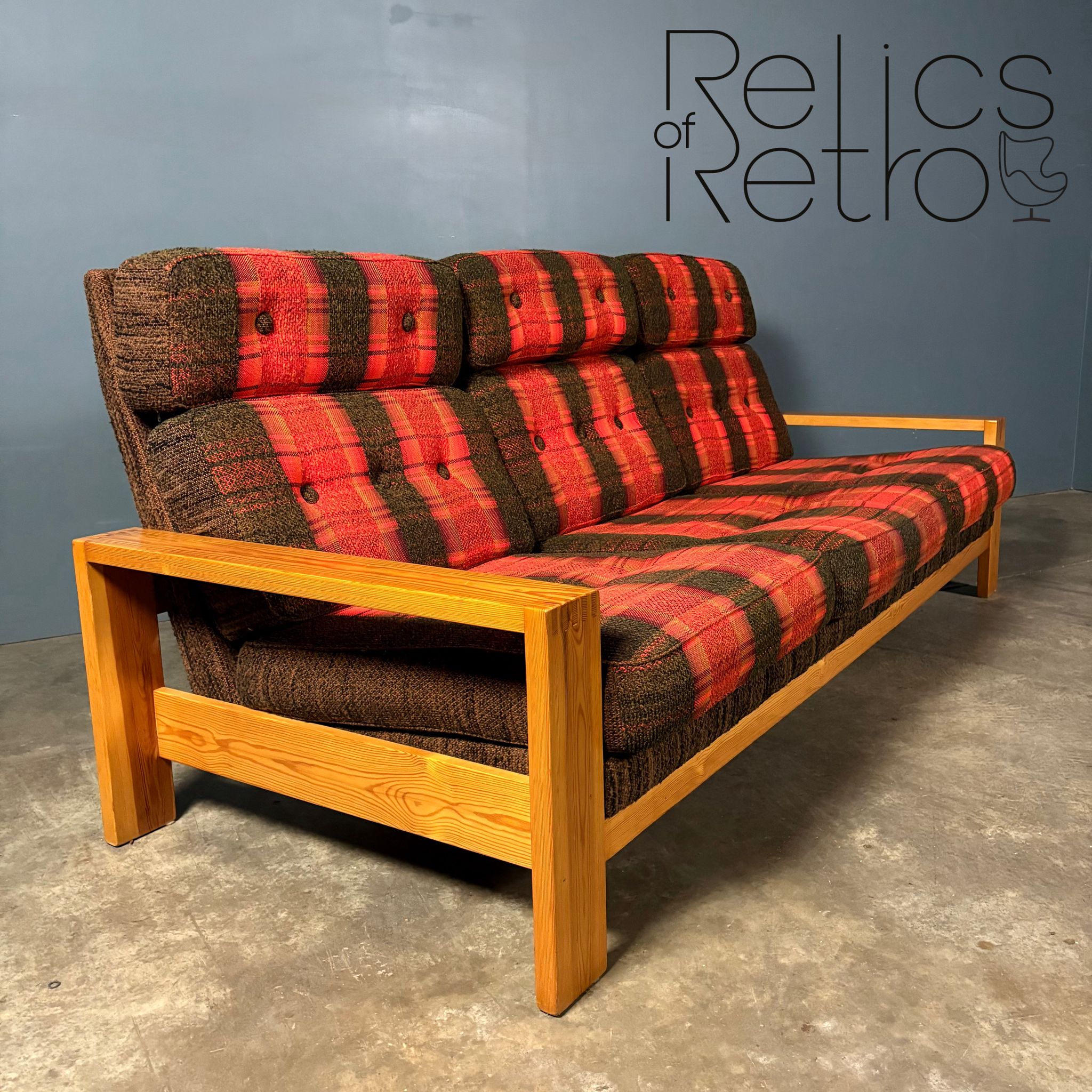 Three Seater Sofa Pine Mid Century Vintage Retro MCM