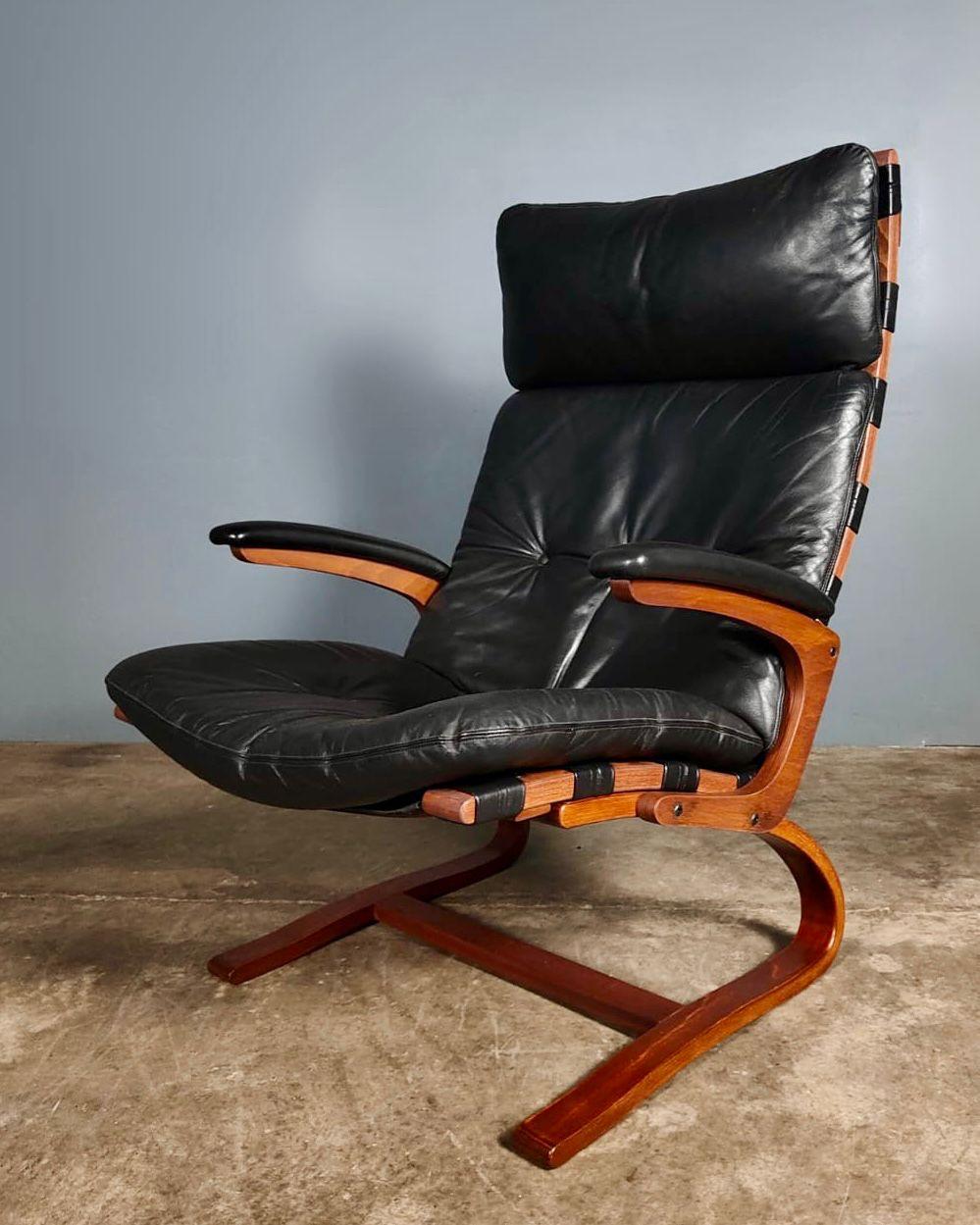 SOLD Vintage Black Leather Lounge Chair Kengu By Elsa & Nordahl Solheim For Rybo Ryken Mid Century Retro MCM