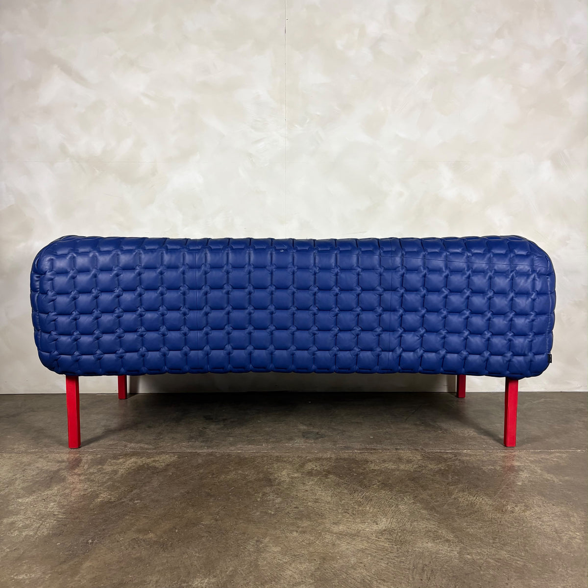 Ligne Roset Ruché Three Seater Sofa & Armchair By Inga Sempé In Blue Leather & Red Frame Vintage Retro