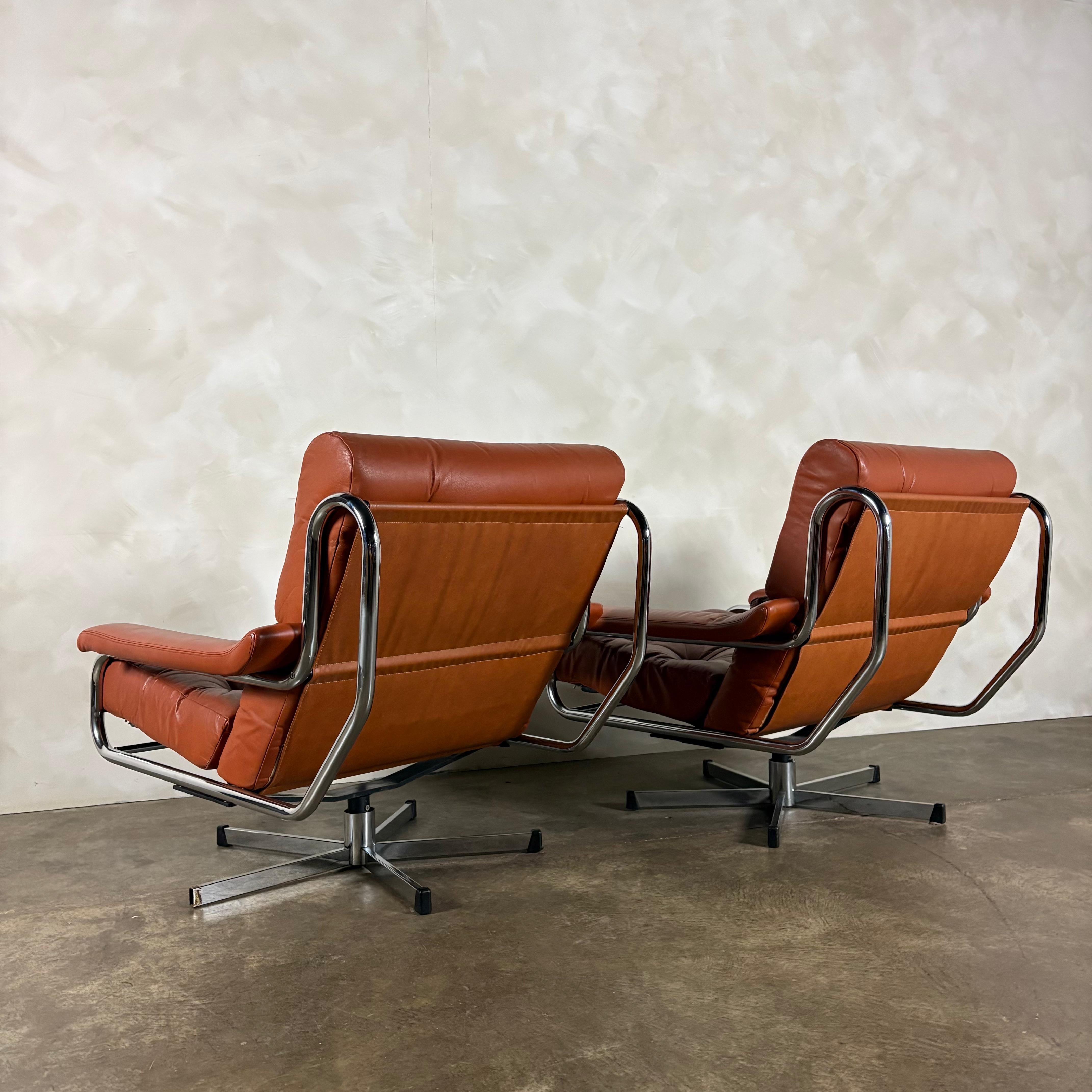Mid Century Pieff Alpha Tan Brown Leather Three Seater Sofa & Two Swivel Lounge Chairs With Footstool Vintage Retro MCM