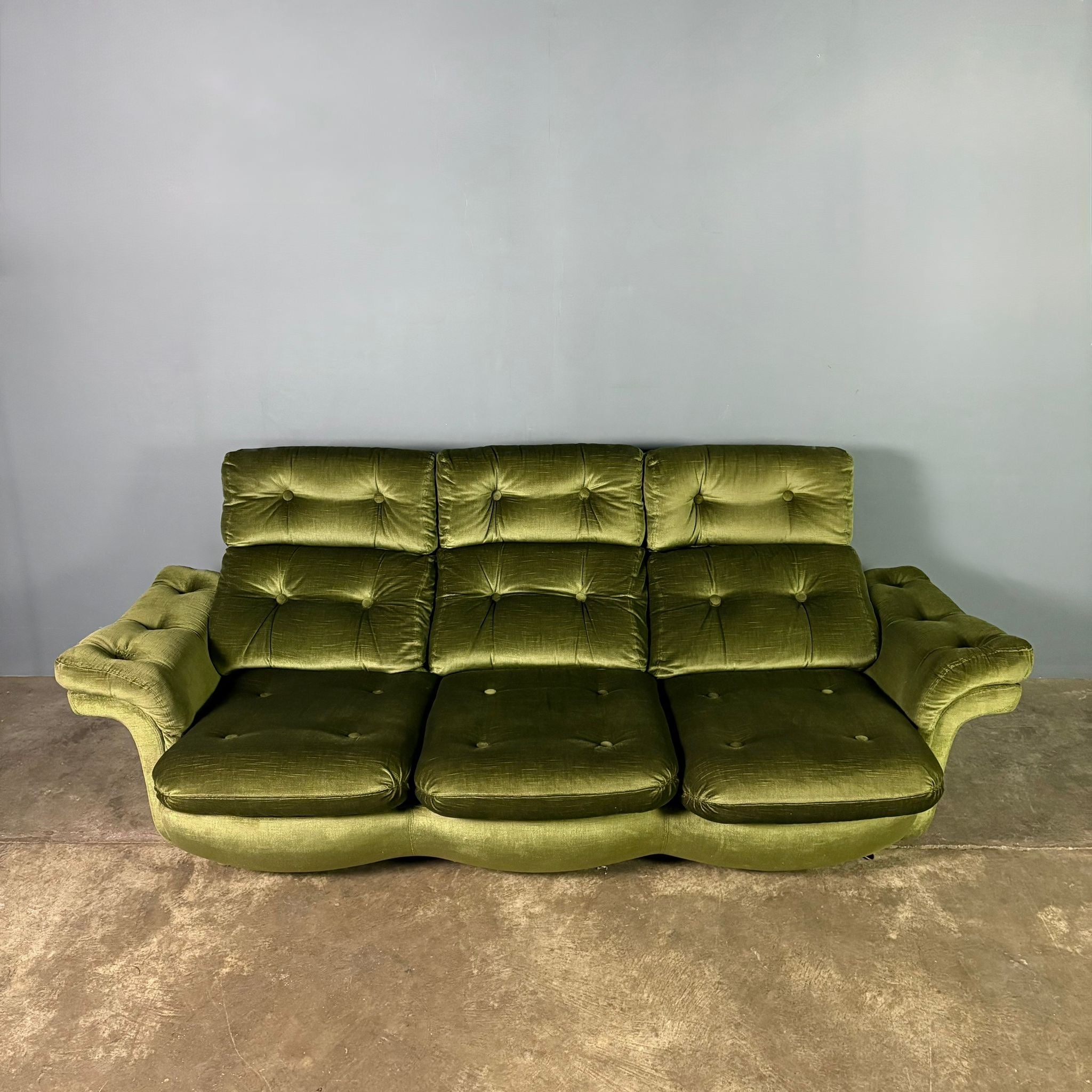 Mid Century Three Seater Sofa Green Velvet Vintage Retro MCM