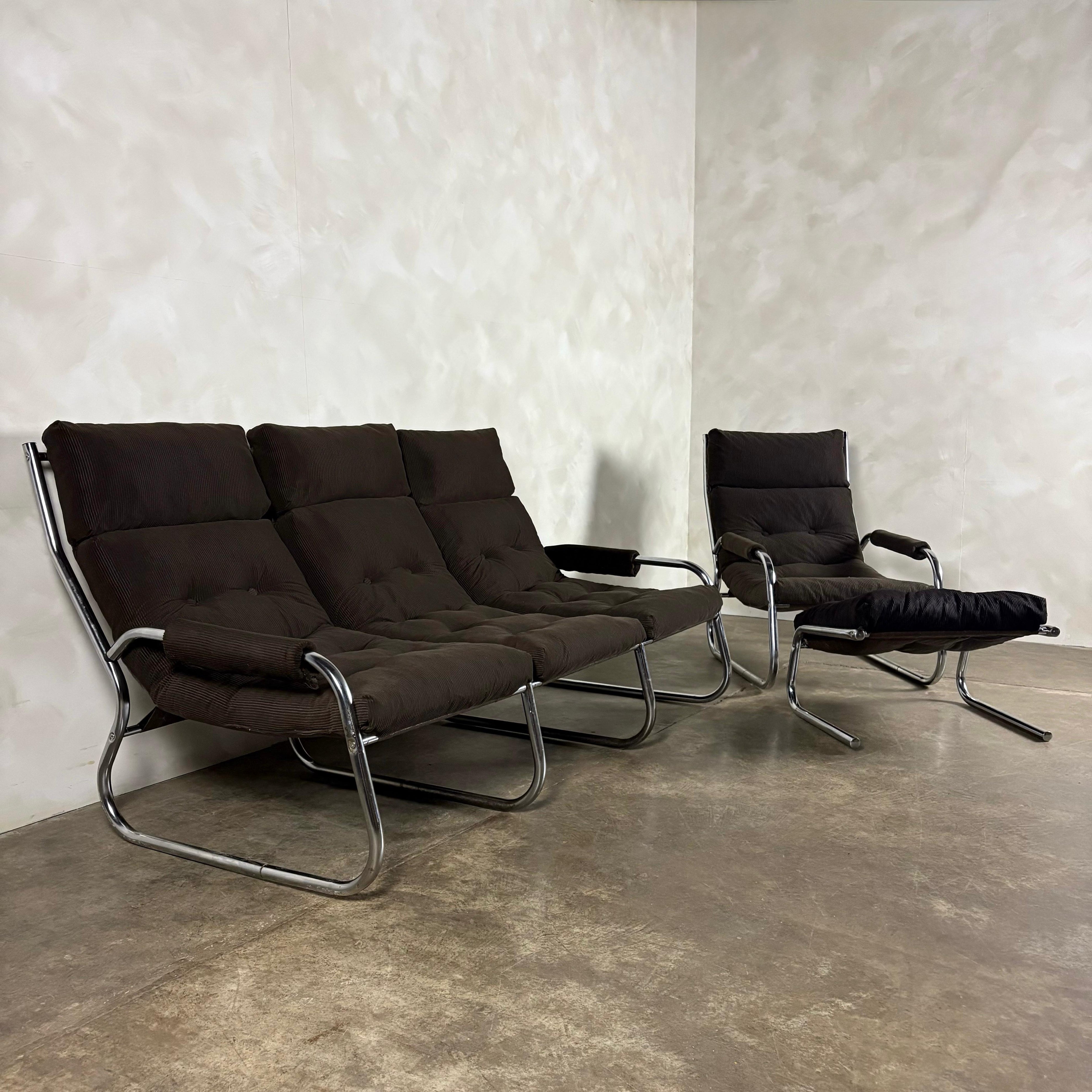 Mid Century Three Seater Sofa, Armchair & Footstool Brown Corduroy Sling By Gillis Lundgren For Ikea Vintage Retro MCM