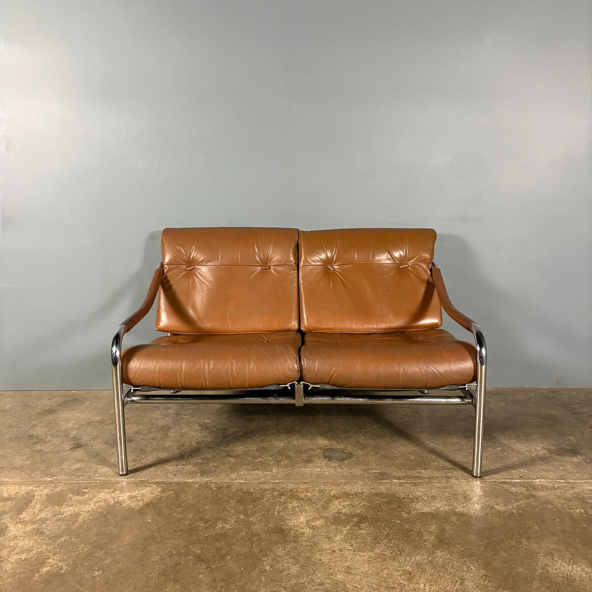 Mid Century Pieff Beta Two Seater Sofa Tan Brown Leather Vintage Retro MCM