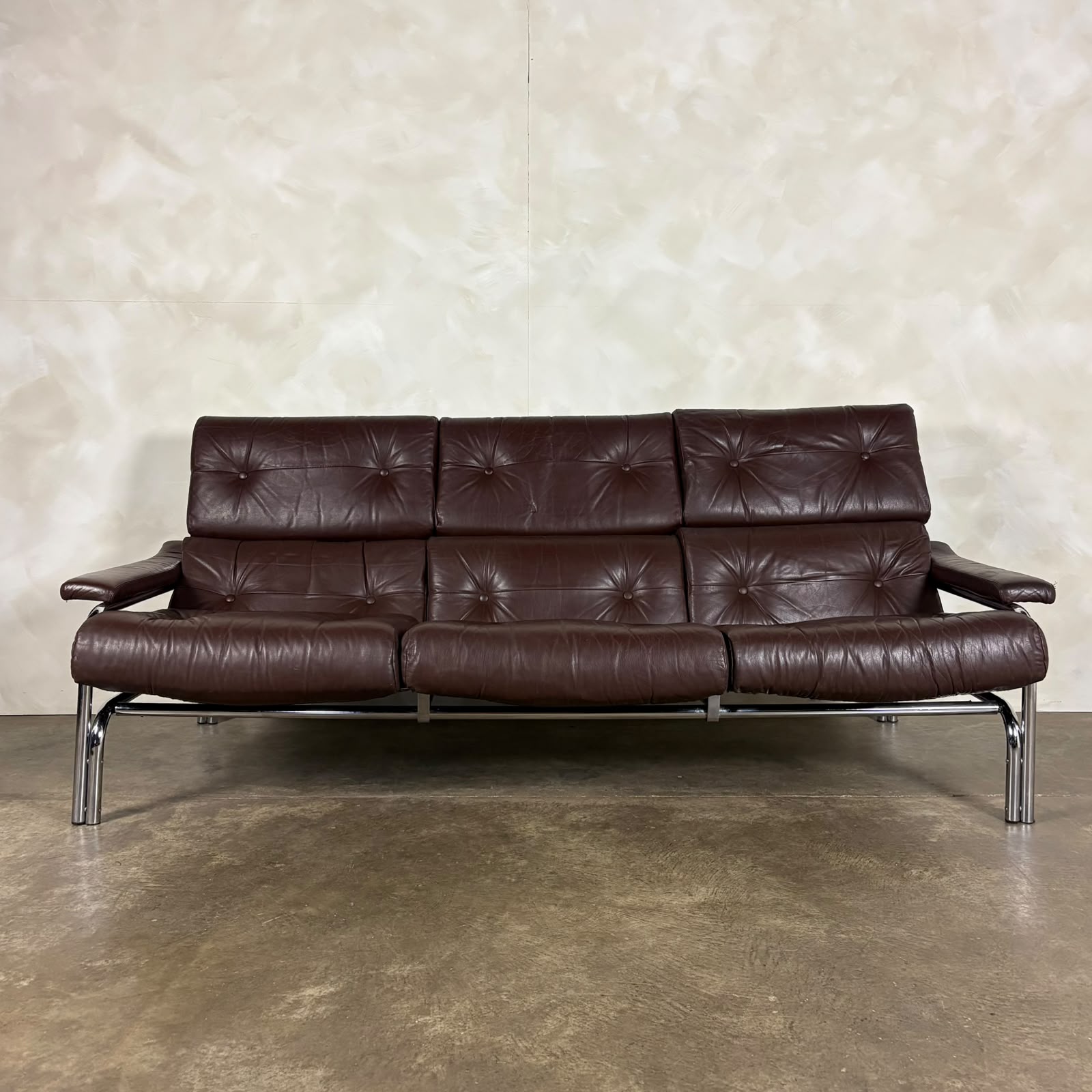 Mid Century Pieff Alpha Brown Leather Three Seater Sofa Vintage Retro MCM