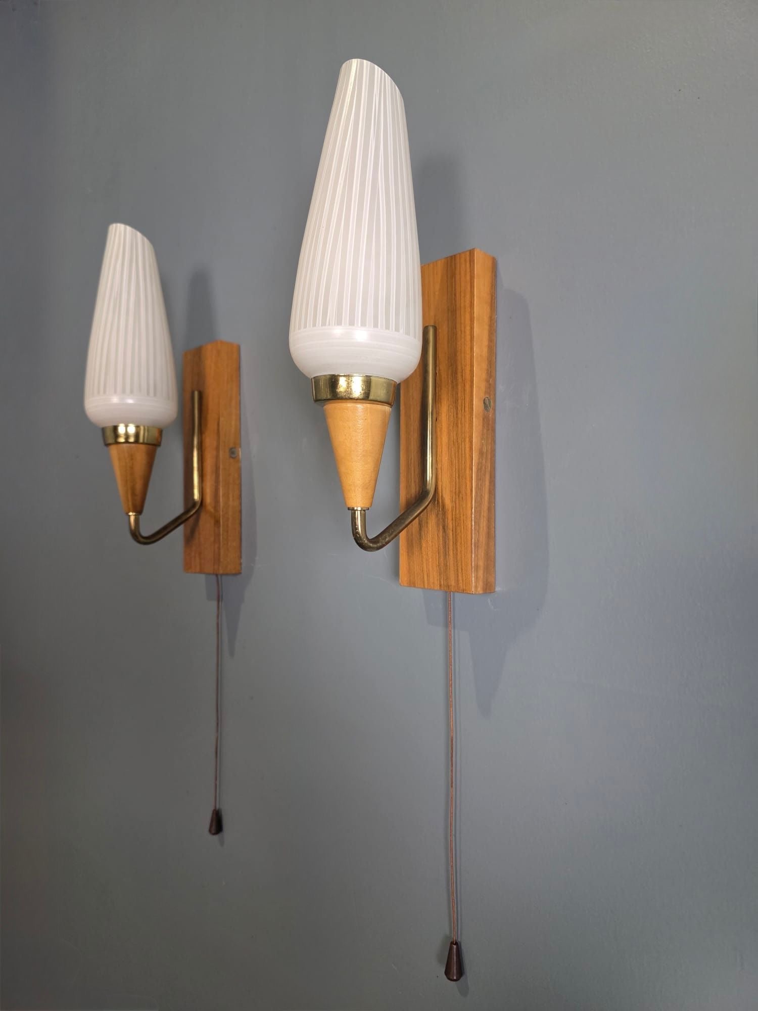 SOLD Pair Of Teak Brass Glass 1960s Wall Lights Mid Century Vintage Retro MCM