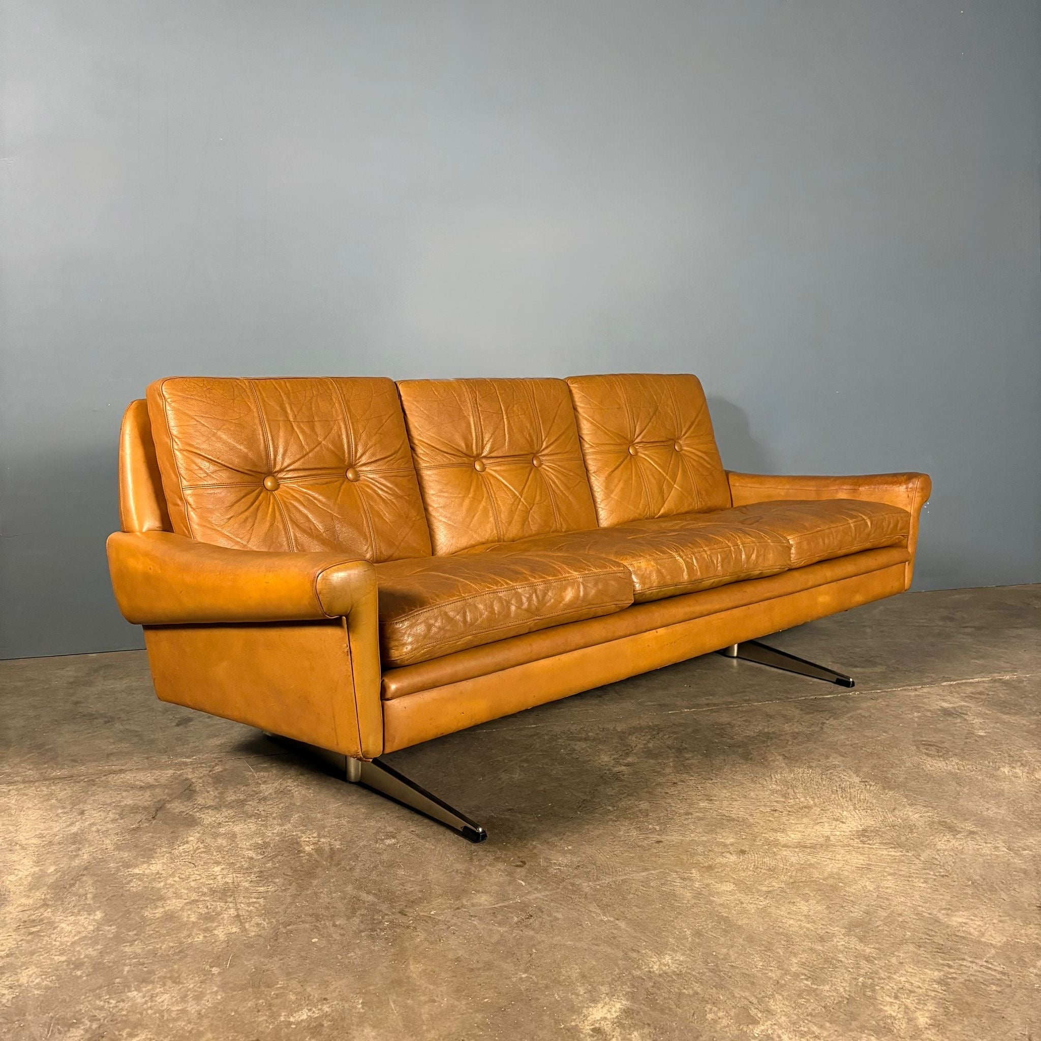 SOLD Mid Century Danish Svend Skipper Three Seater Sofa Cognac Leather Vintage Retro MCM