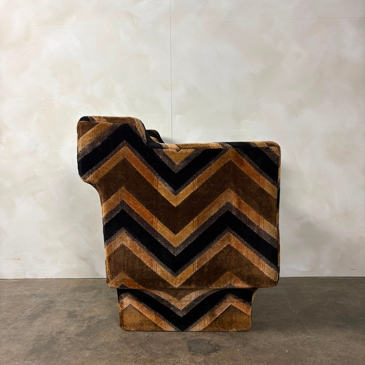 SOLD Milo Baughman Style Lounge Chair Jack Lenor Larsen Style Fabric Mid Century Vintage Retro MCM