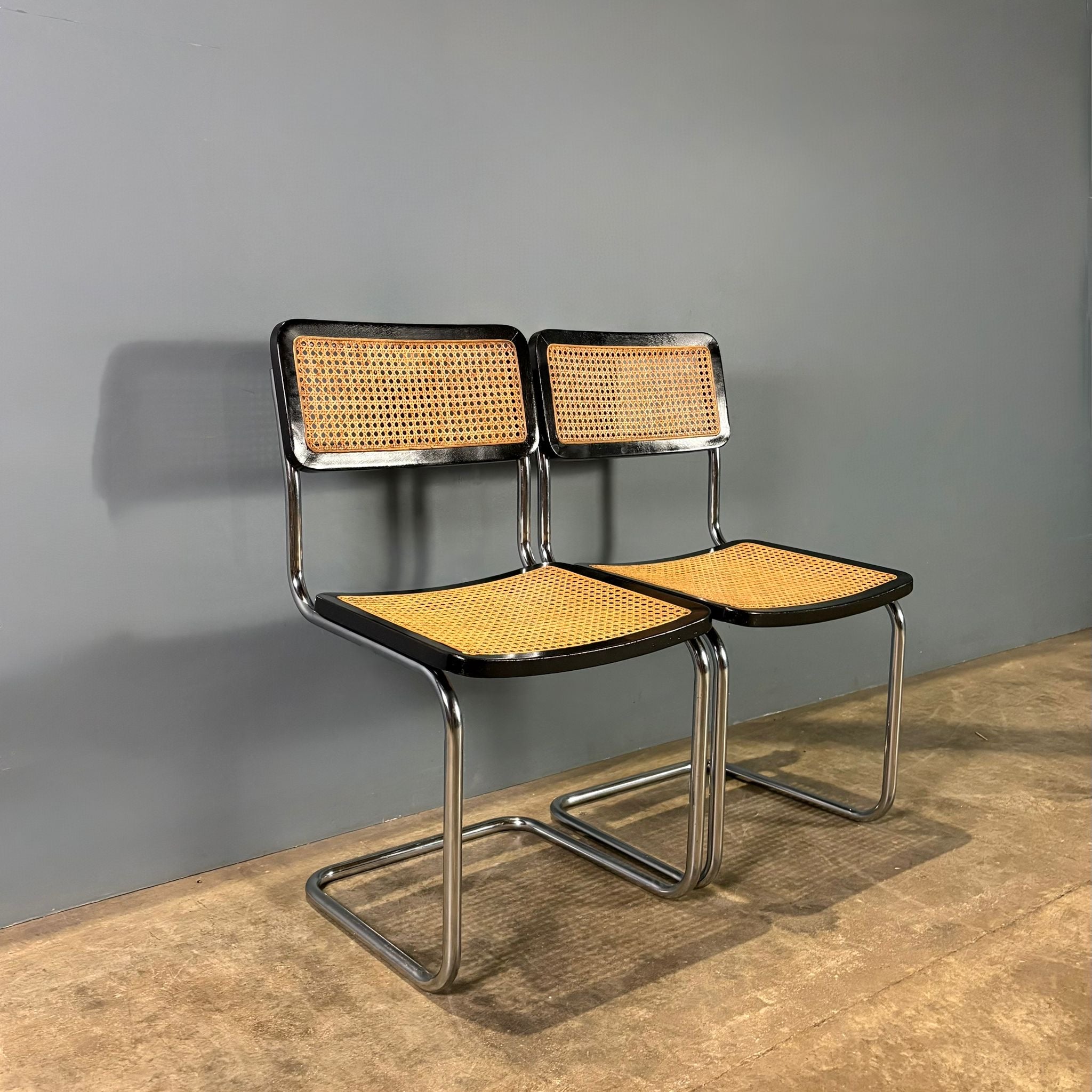 SOLD Pair Of Black Cane Rattan Marcel Breuer Cesca Dining Chairs Mid Century Vintage Retro MCM