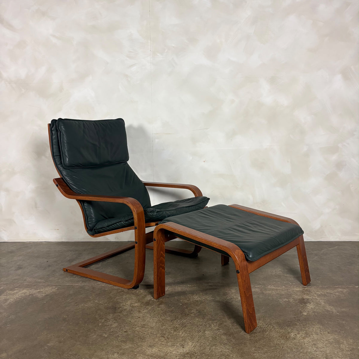 Pair Of Vintage Ikea Poäng Poem Armchairs & Matching Footstools Green Leather Mid Century Retro MCM
