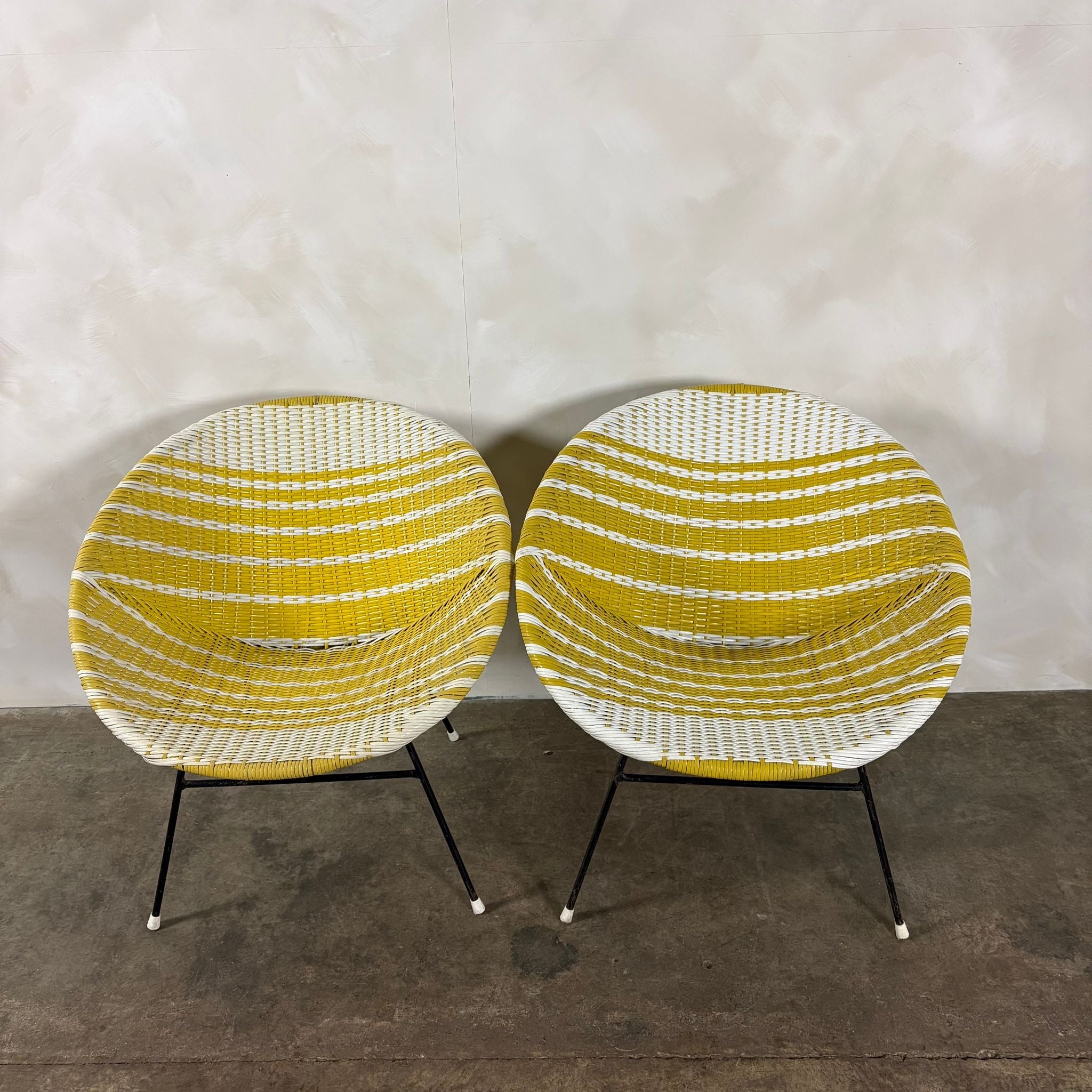 SOLD Pair Of Matching Mid Century Sputnik Yellow & White Lounge Chairs Vintage Retro MCM