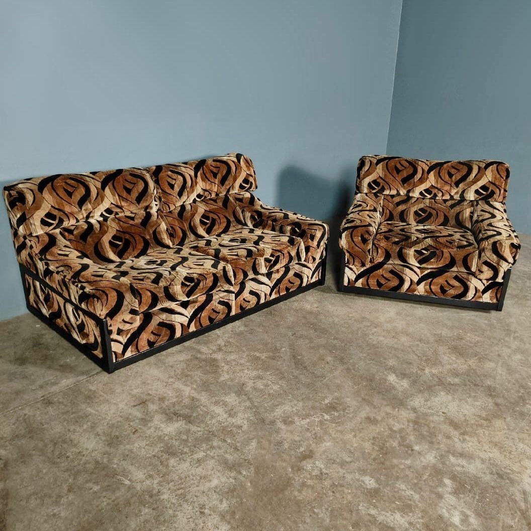 Mid Century Englender Two Seater Sofa & Armchair Geometric Pattern Vintage Retro MCM