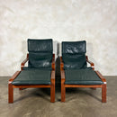 Pair Of Vintage Ikea Poäng Poem Armchairs & Matching Footstools Green Leather Mid Century Retro MCM