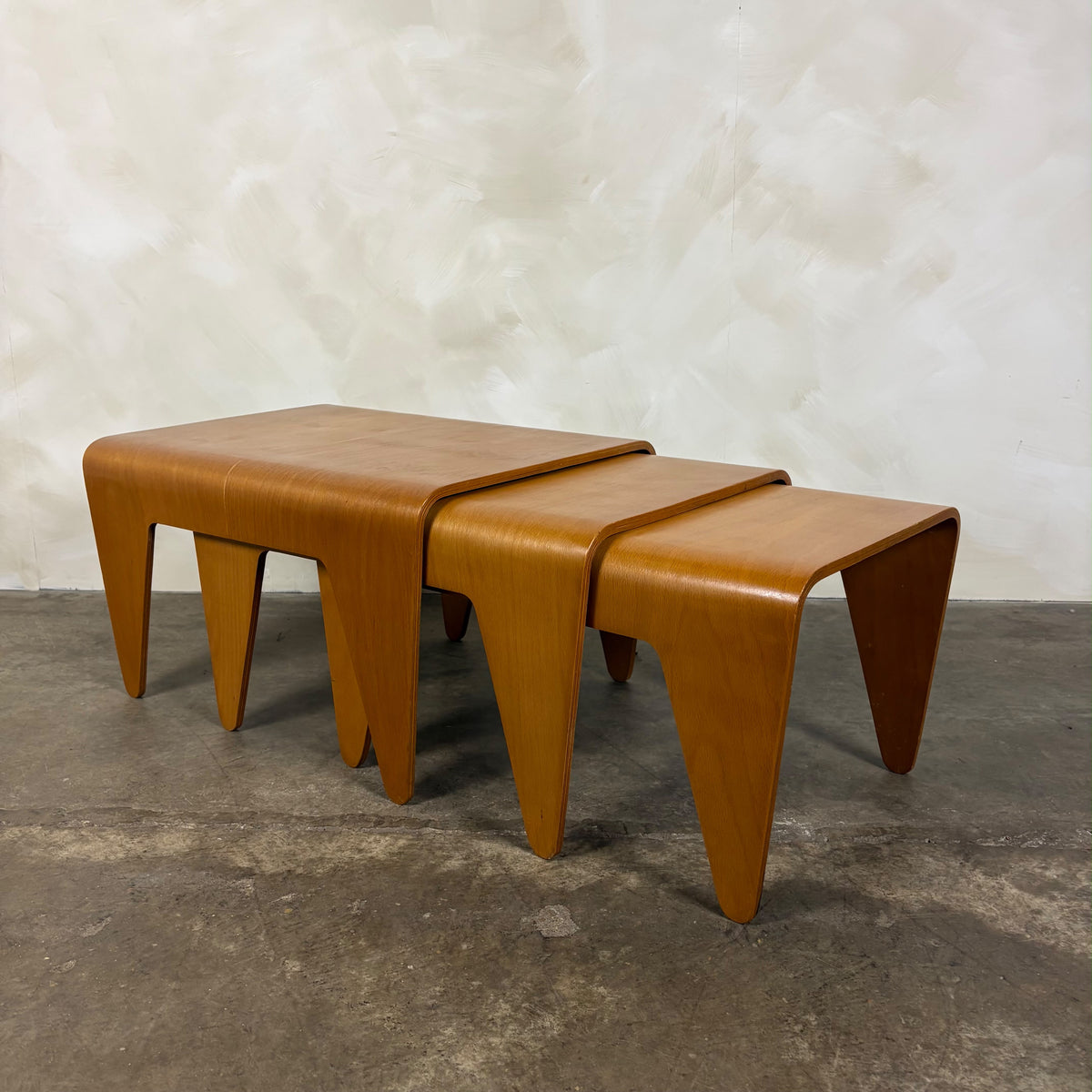 Marcel Breuer For Isokon Set Of Three Bent Beech Plywood Nesting Tables 1960s Mid Century Vintage Retro MCM