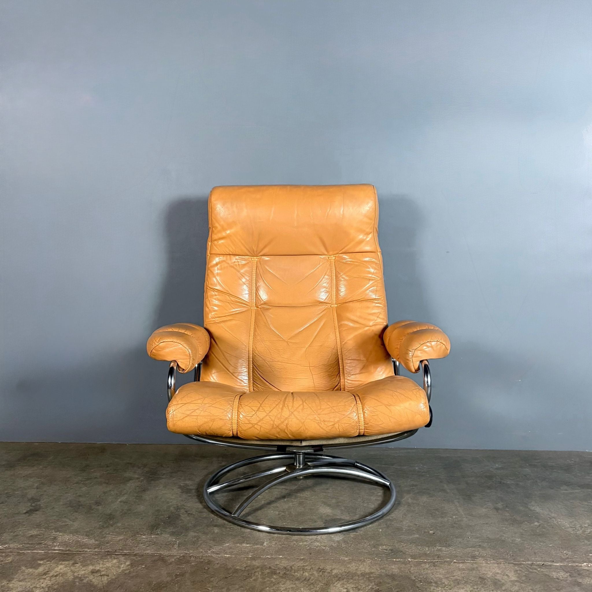 SOLD Pair Of Mid Century Leather & Chrome Ekornes Stressless Reclining Armchairs & Footstools Vintage Retro MCM
