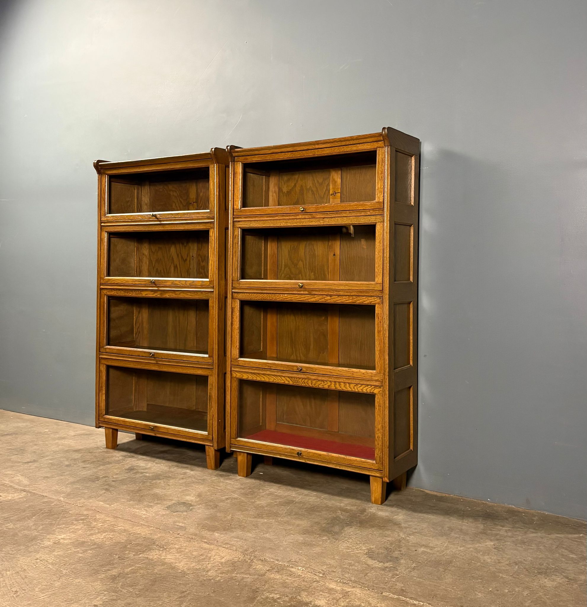 Pair Of English Oak Glass Fronted Tall Cabinets/Bookcases Globe Wernicke Style Mid Century Vintage Retro MCM
