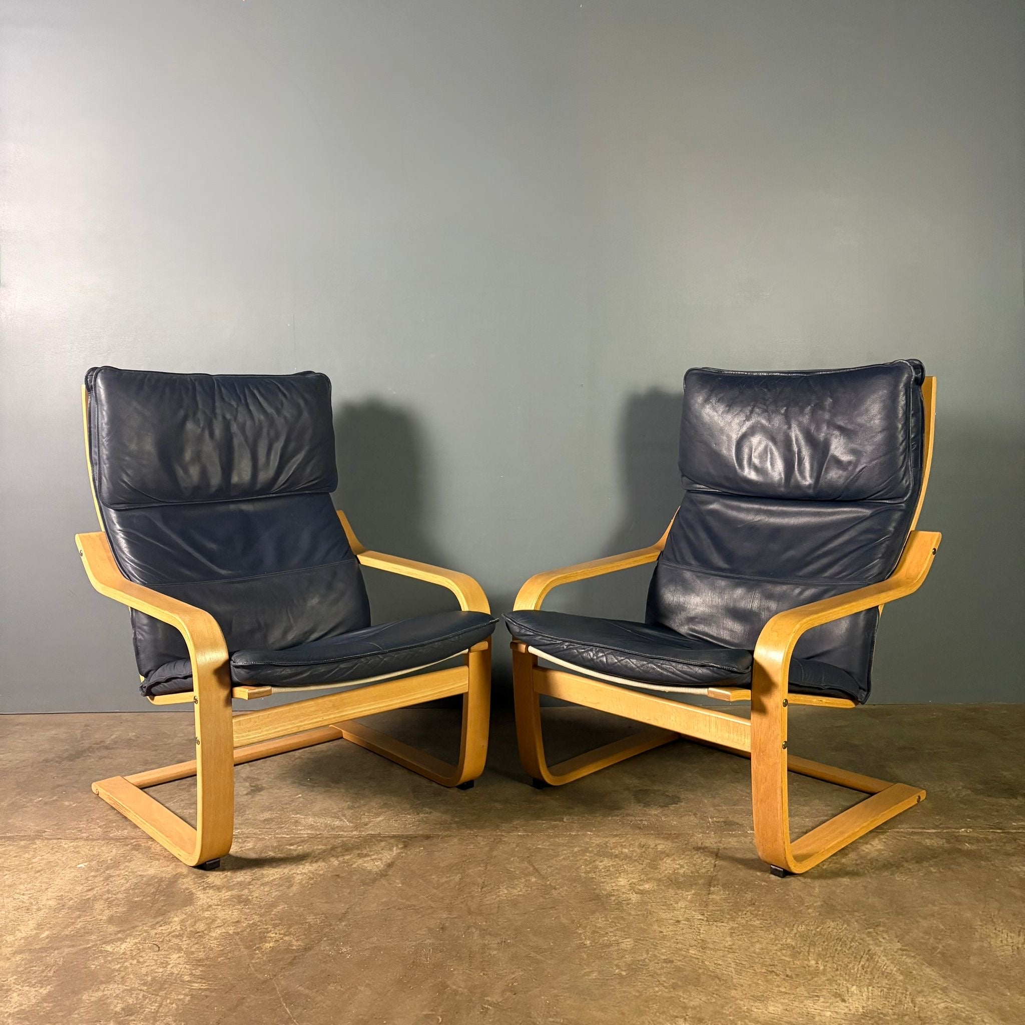 Pair Of Vintage Ikea Poäng Poem Armchairs Navy Blue Leather Mid Century Retro MCM