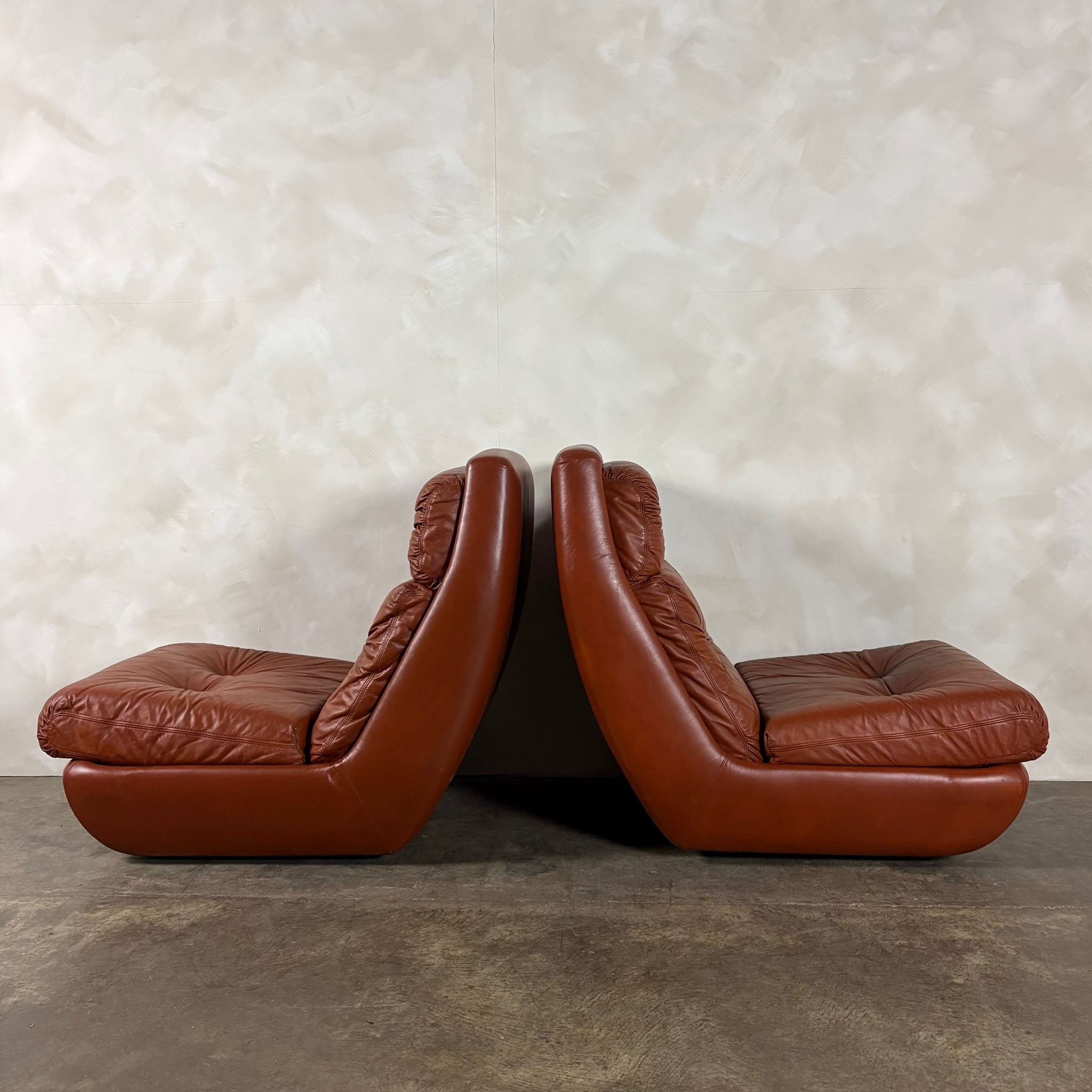 SOLD Pair Of Jean Prévost French 1970s Brown Tan Leather Lounge Chairs Mid Century Vintage Retro MCM
