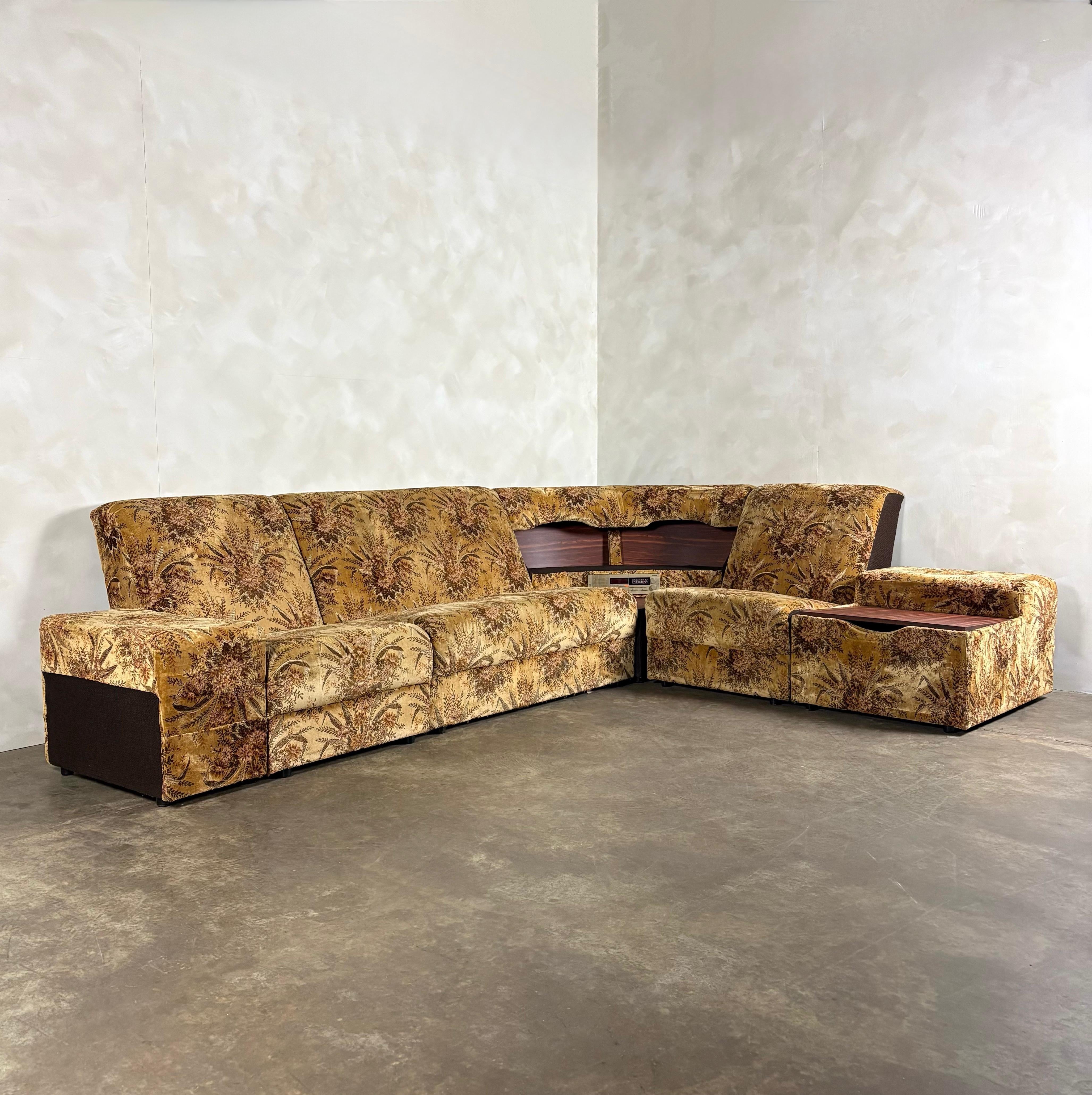 SOLD Mid Century Modular Brown Four Seater Floral Corner Sofa Vintage Retro MCM