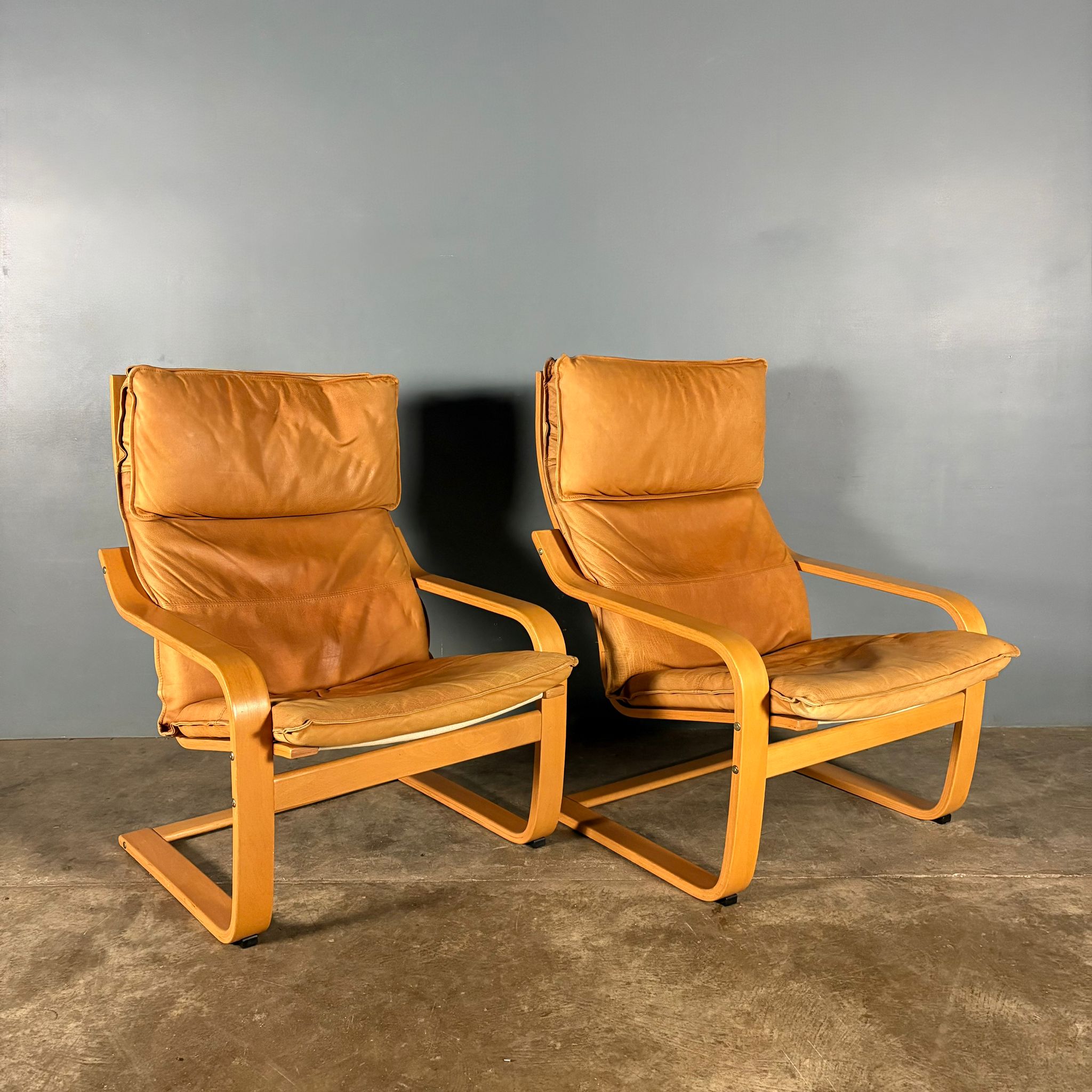 SOLD Pair Of Vintage Ikea Poäng Poem Armchairs & Matching Footstool Tan Brown Leather Mid Century Retro MCM