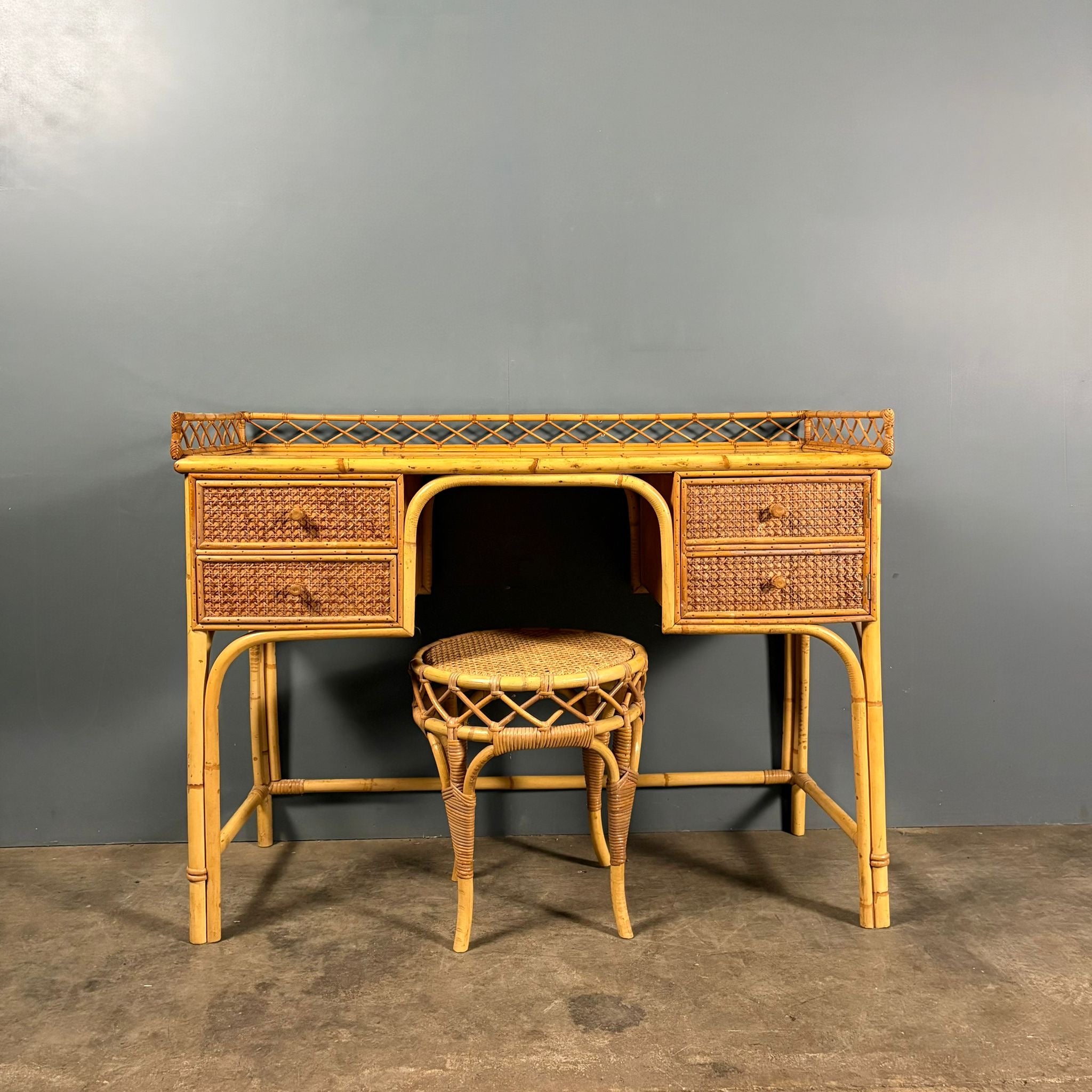 Mid Century Angraves Of Leicester Dressing Table/Desk & Stool Bamboo Cane & Rattan Vintage Retro MCM