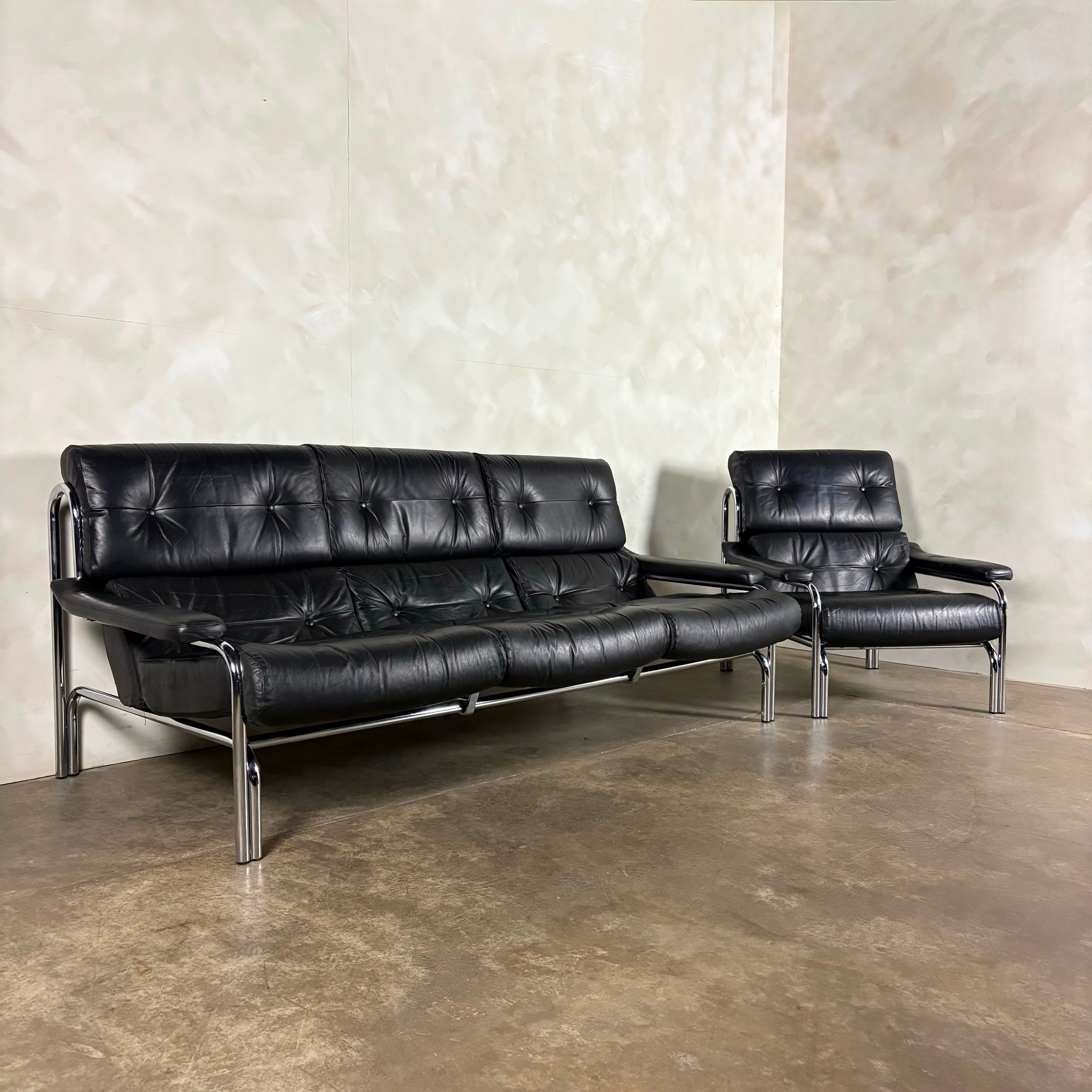 Mid Century Pieff Alpha Black Leather Three Seater Sofa With Matching Lounge Chair Vintage Retro MCM
