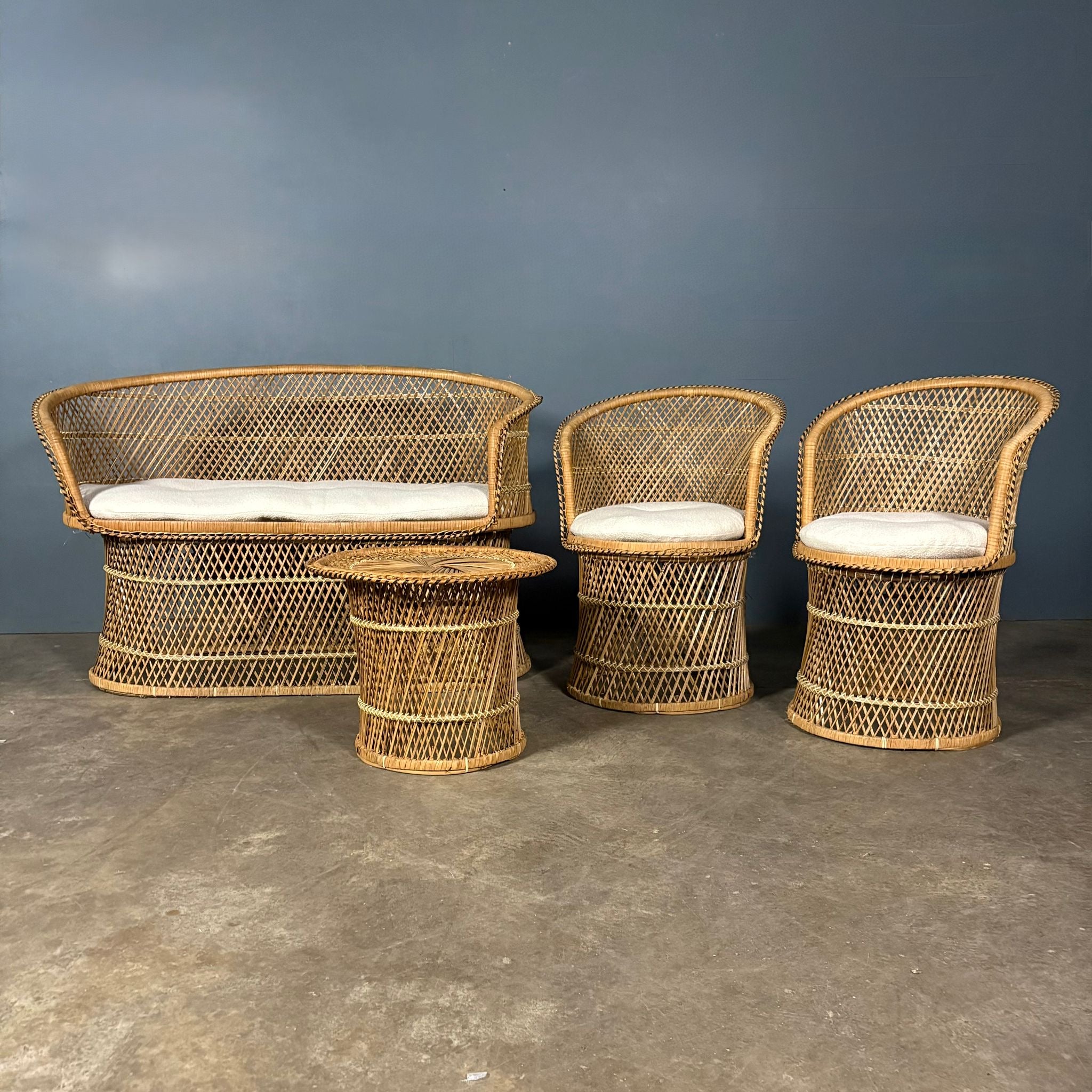 SOLD Mid Century Rattan Bamboo Two Seater Sofa, Pair Of Armchairs & Table Vintage Retro MCM