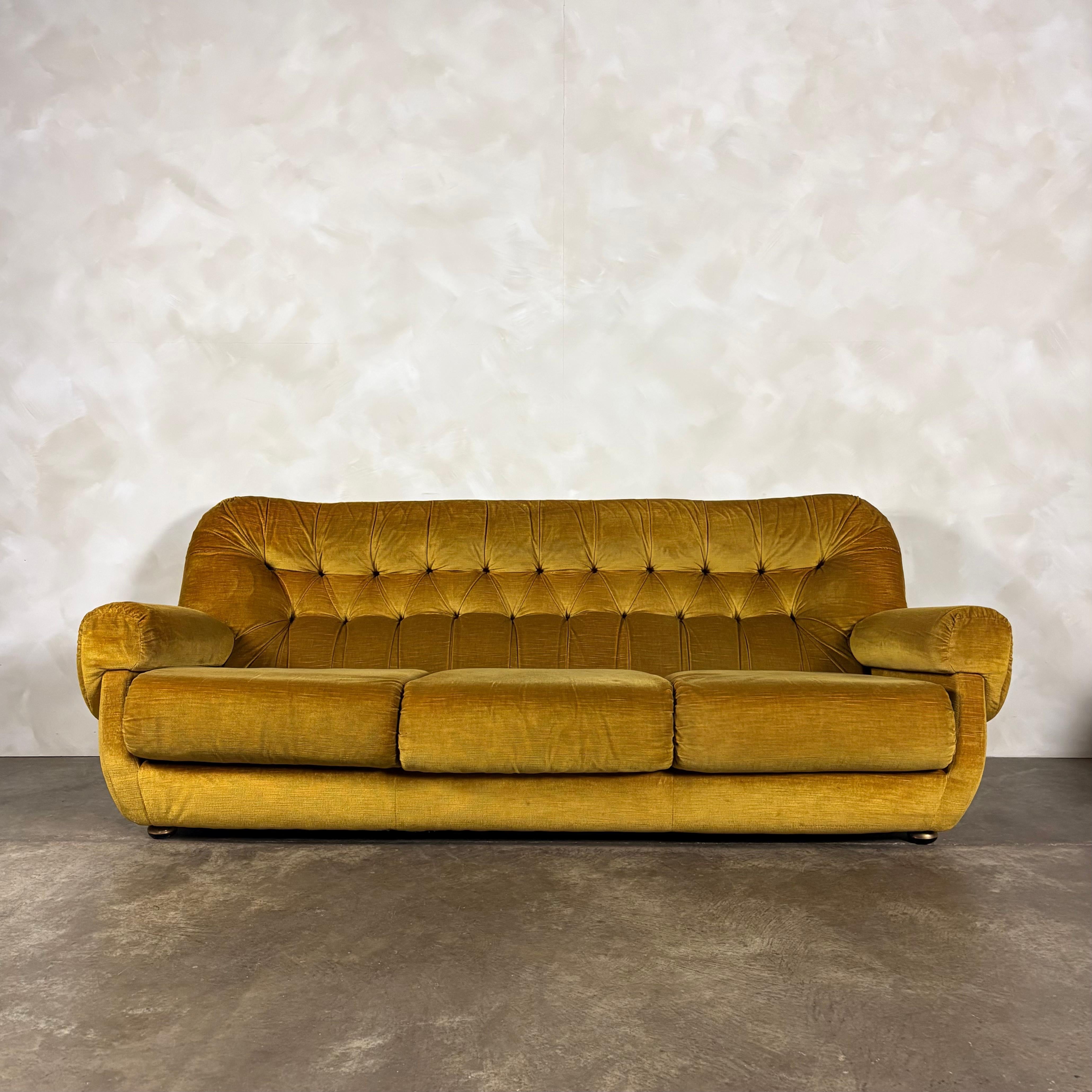SOLD Mid Century G Plan Georgina Yellow Three Seater Sofa & Matching Pair Of Armchairs Yellow Velvet Vintage Retro MCM