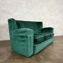 Vintage Art Deco Three Seater Sofa & Pair Of Armchairs In Emerald Turquoise Green Velvet