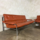 Mid Century Pieff Alpha Tan Brown Leather Three Seater Sofa & Two Swivel Lounge Chairs With Footstool Vintage Retro MCM